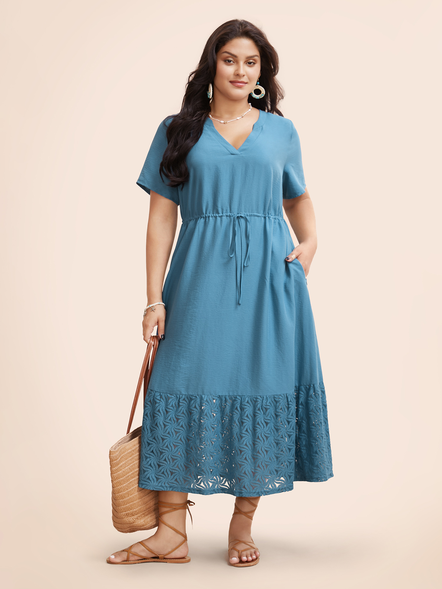 

Plus Size Lace Patchwork Notched Drawstring Dress Cerulean Women Resort Woven ribbon&lace trim Flat collar with V-notch Short sleeve Curvy BloomChic