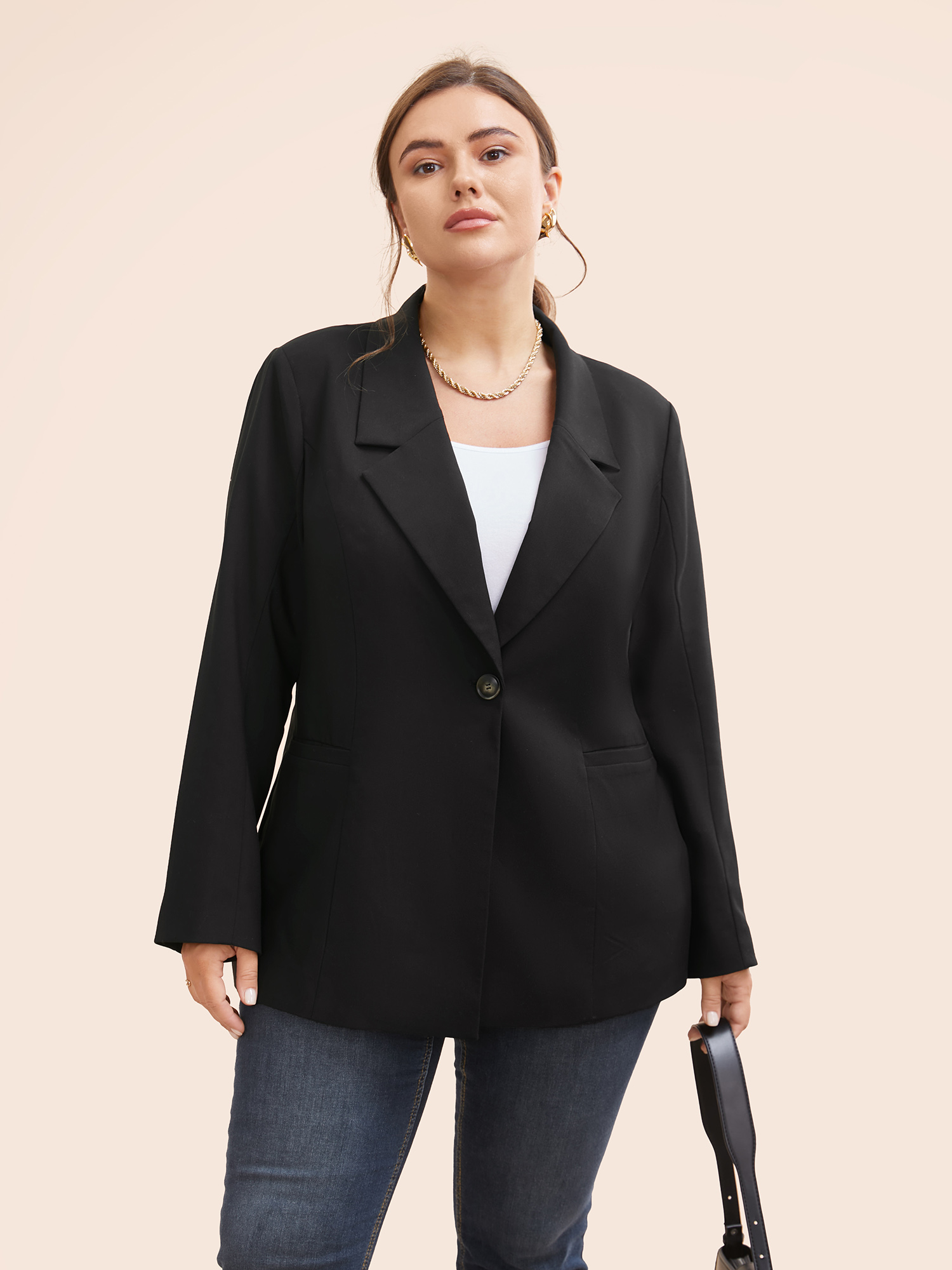 

Plus Size Suit Collar Single Flap Pocket Blazer Black Women Work Button Sleeve Extra Long Sleeve Suit Collar  Single-flap pocket At the Office Blazers BloomChic