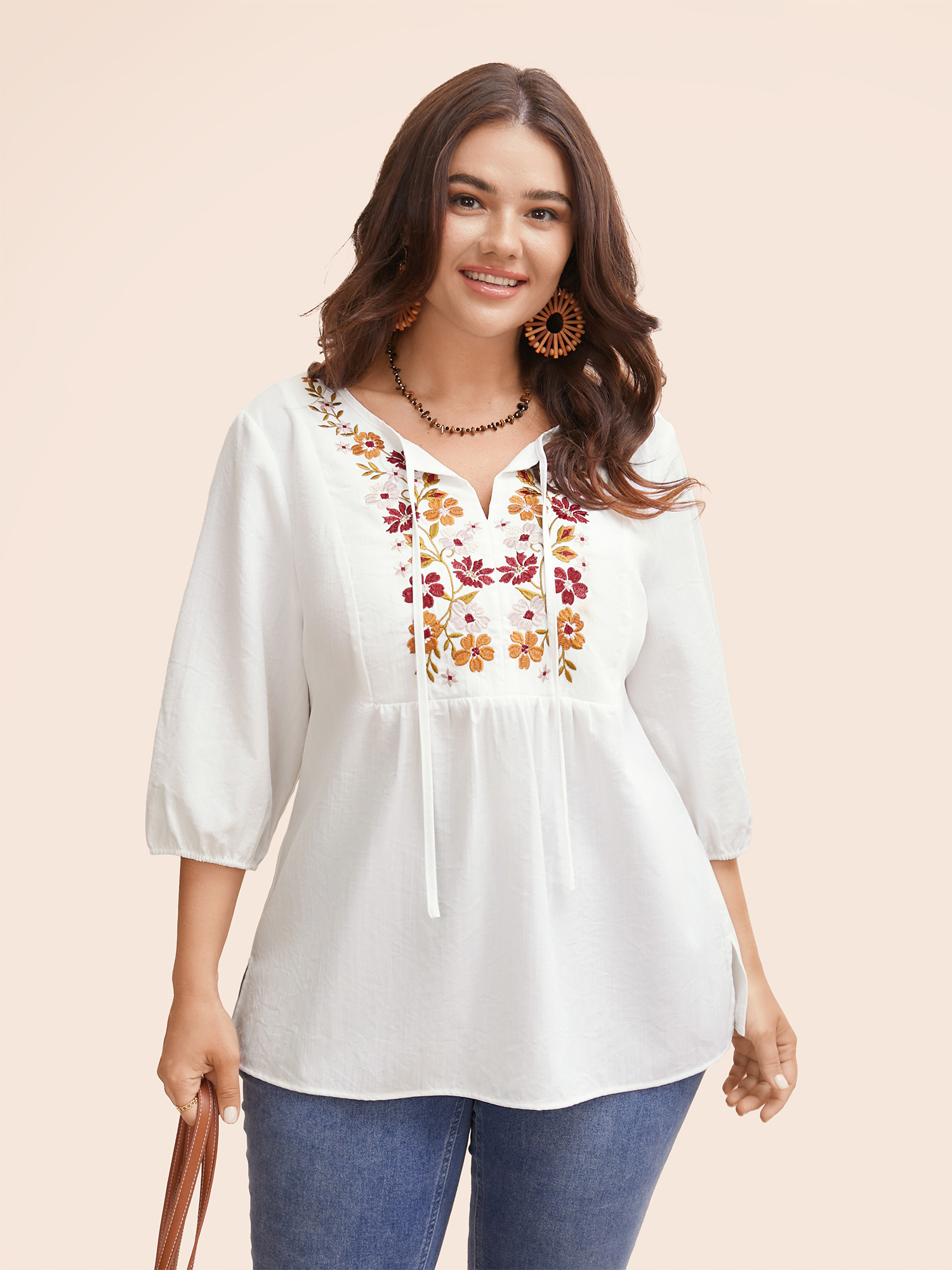 

Plus Size Originalwhite Floral Embroidered Tie Knot Lantern Sleeve Blouse Women Resort Elbow-length sleeve V-neck Vacation Blouses BloomChic