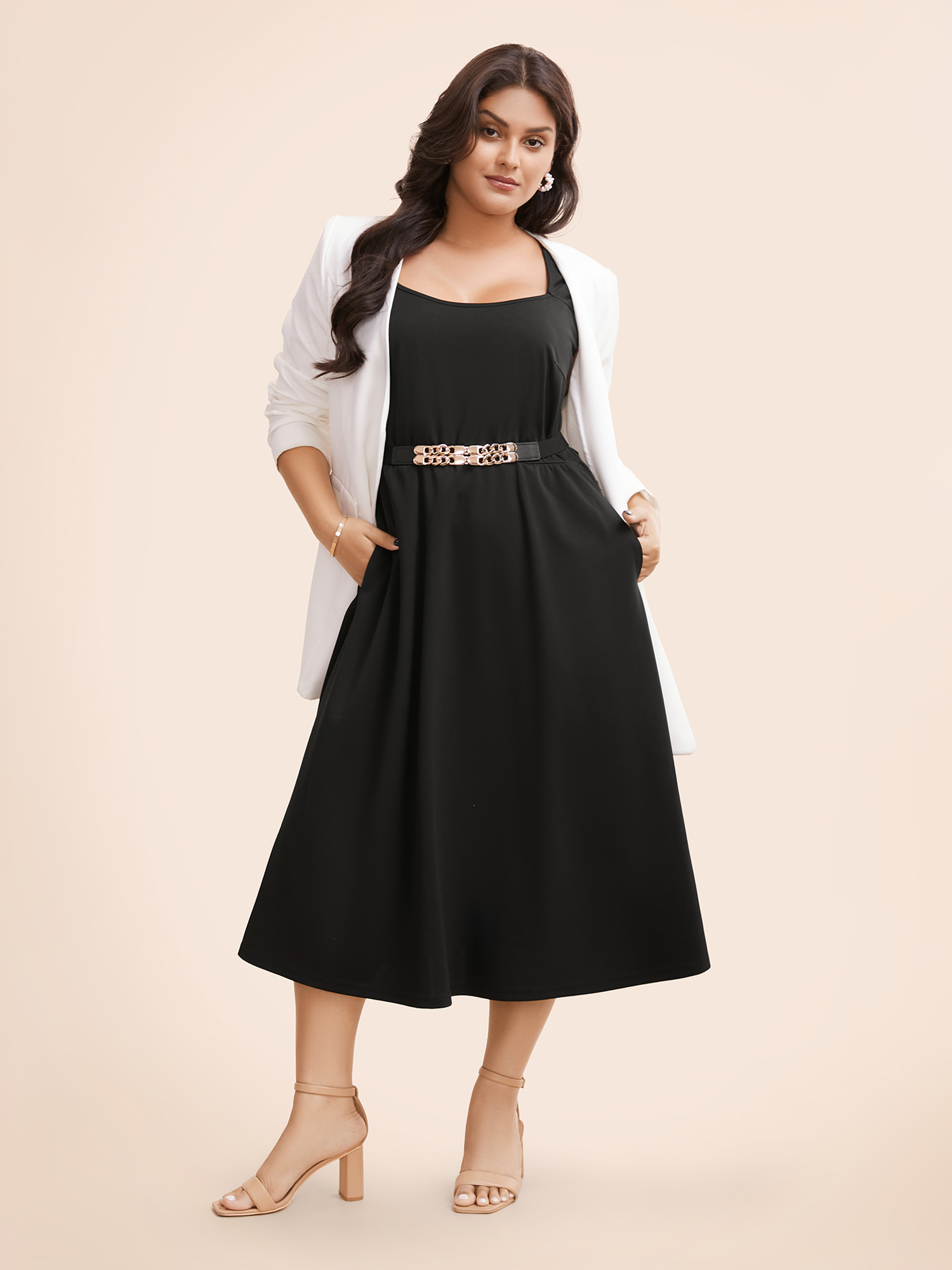 

Plus Size Plain Elastic Waist Midi Tank Dress Black Women Elegant Non Square Neck Sleeveless Curvy BloomChic