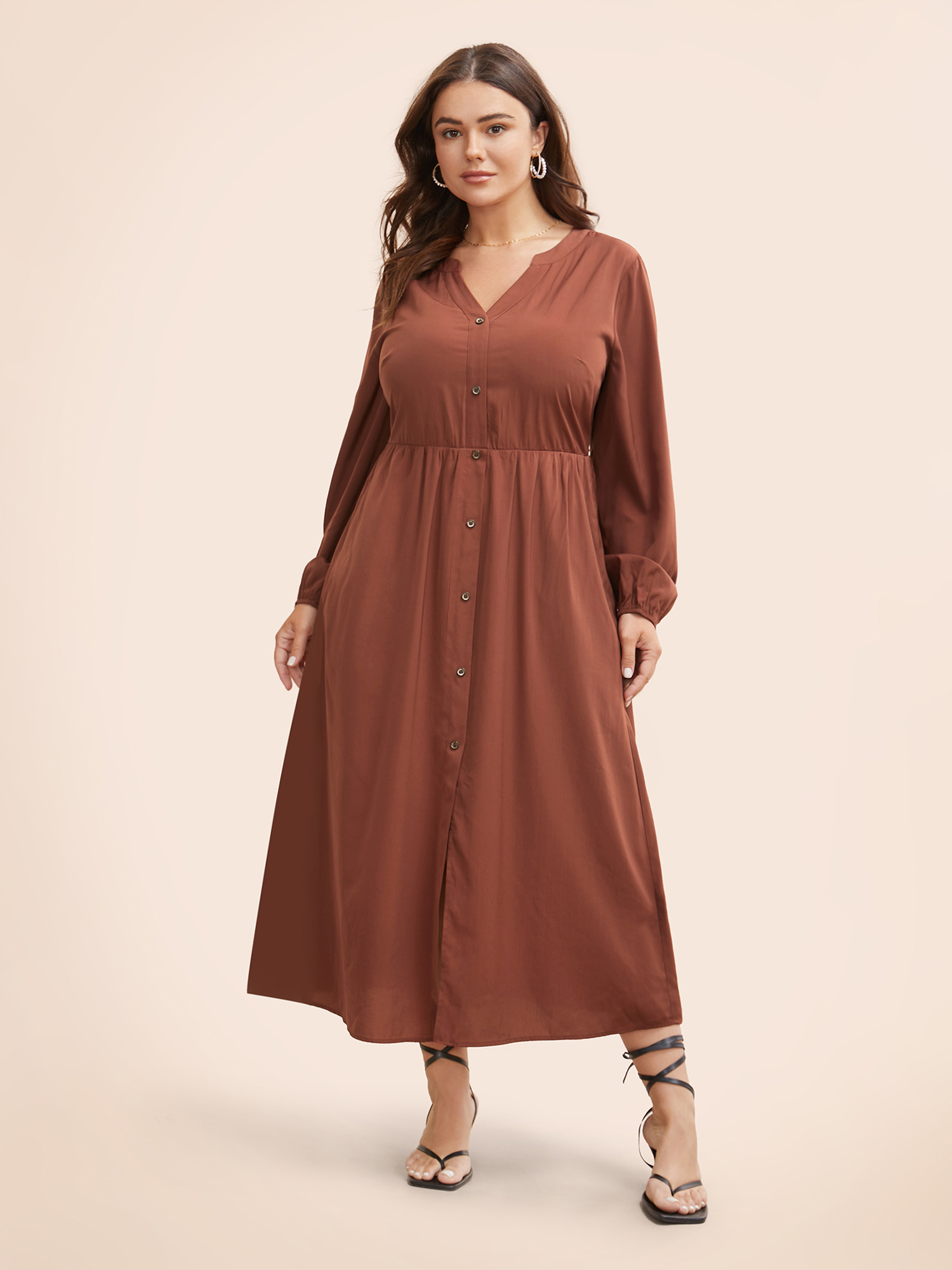 

Plus Size Solid Notched Collar Lantern Sleeve Dress Russet Women Elegant Button Flat collar with V-notch Long Sleeve Curvy BloomChic