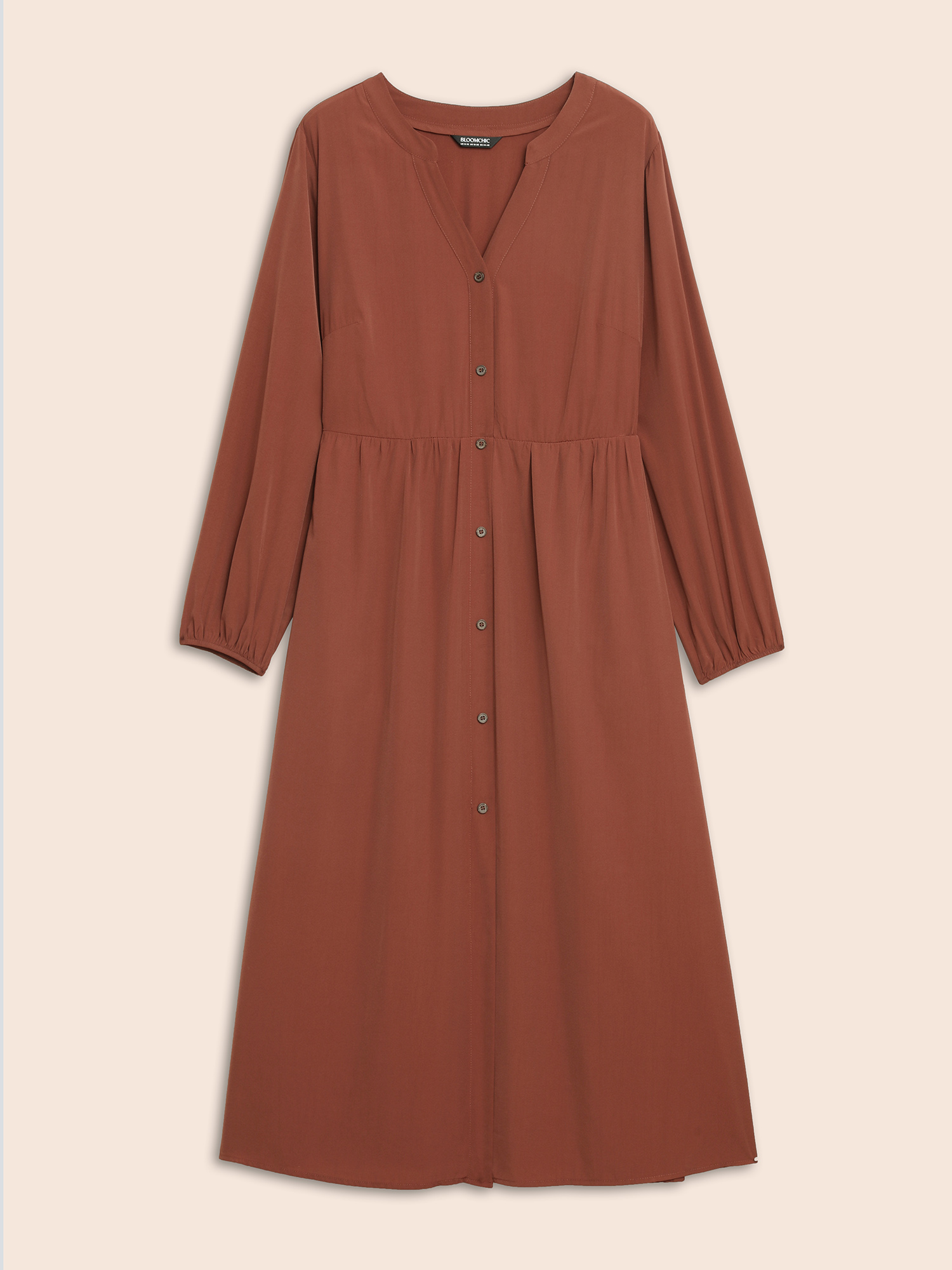 

Plus Size Solid Notched Collar Lantern Sleeve Dress Russet Women Elegant Button Flat collar with V-notch Long Sleeve Curvy BloomChic