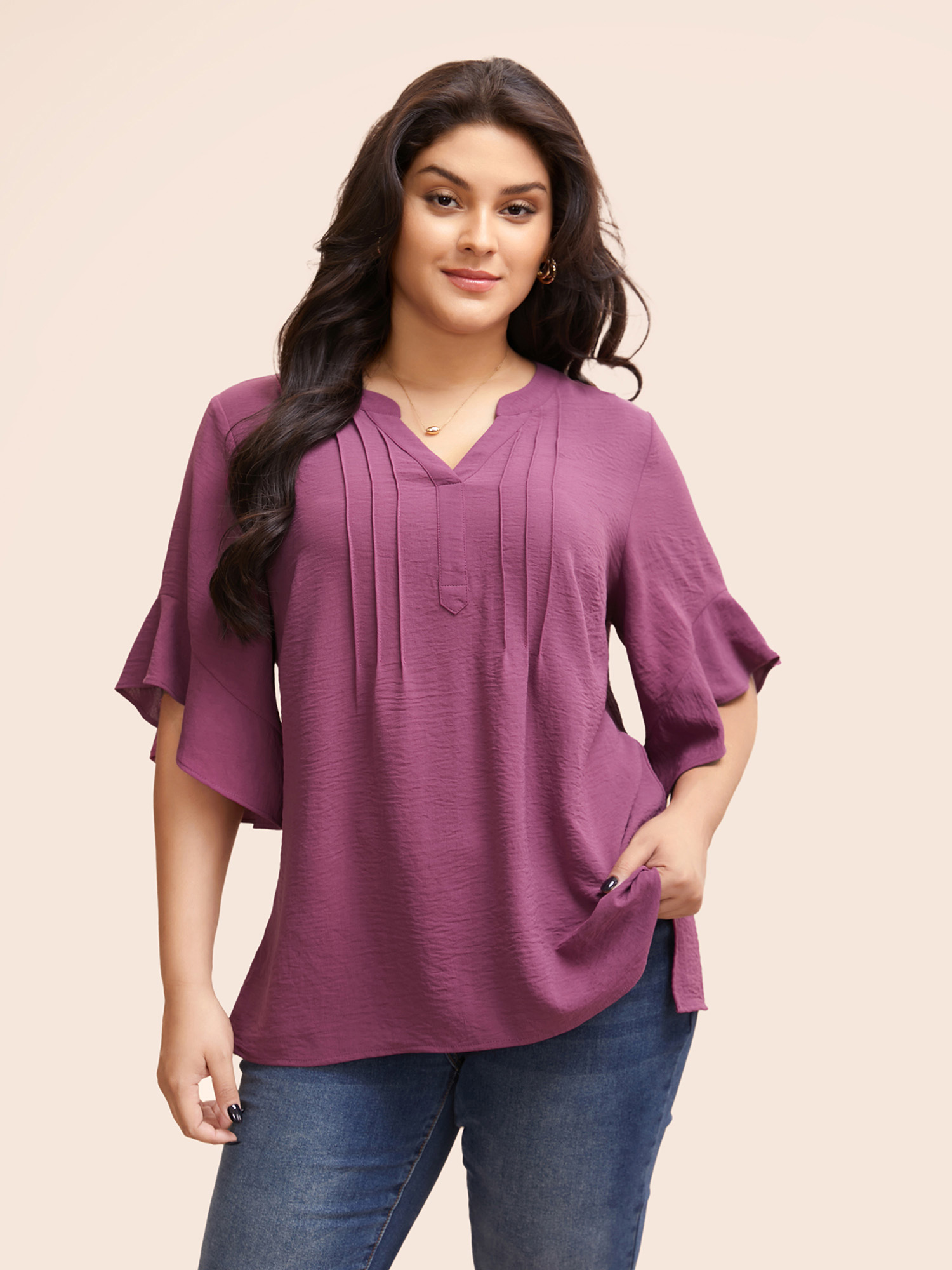 

Plus Size Mauve Notched Pleated Ruffles Split Hem Blouse Women Elegant Half Sleeve Flat collar with V-notch Everyday Blouses BloomChic