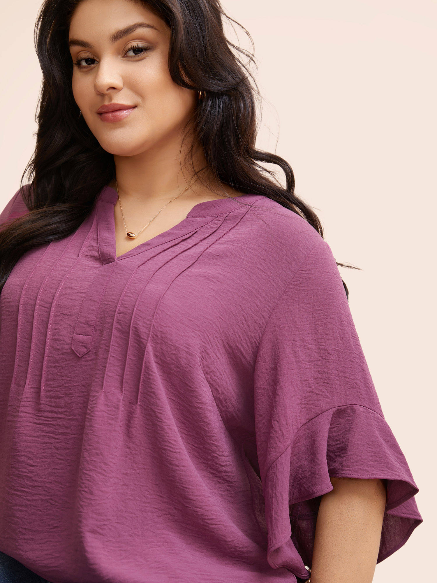 

Plus Size Mauve Notched Pleated Ruffles Split Hem Blouse Women Elegant Half Sleeve Flat collar with V-notch Everyday Blouses BloomChic