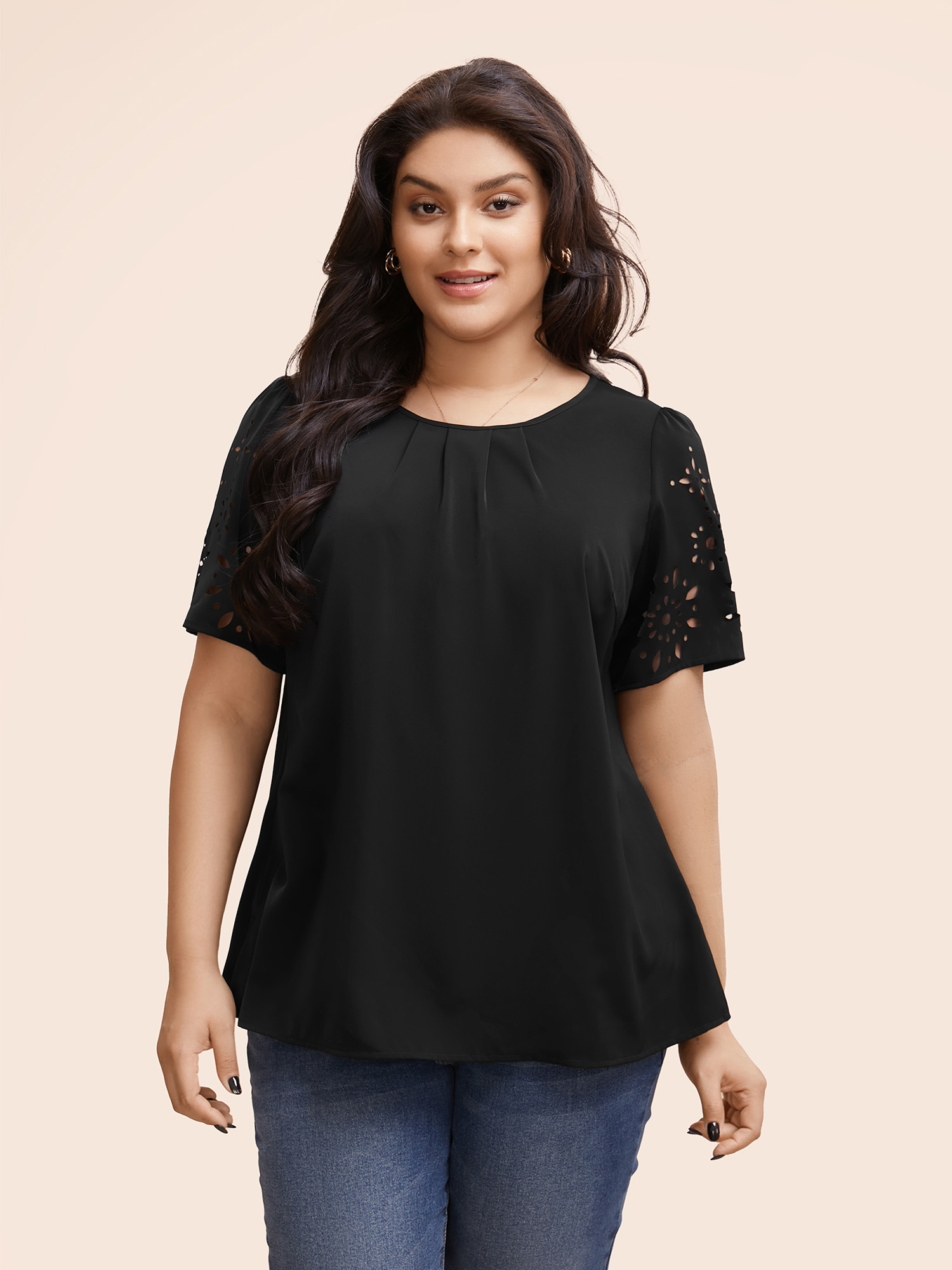 

Plus Size Black Laser Cut Pleated Puff Sleeve Blouse Women Elegant Short sleeve Round Neck Everyday Blouses BloomChic