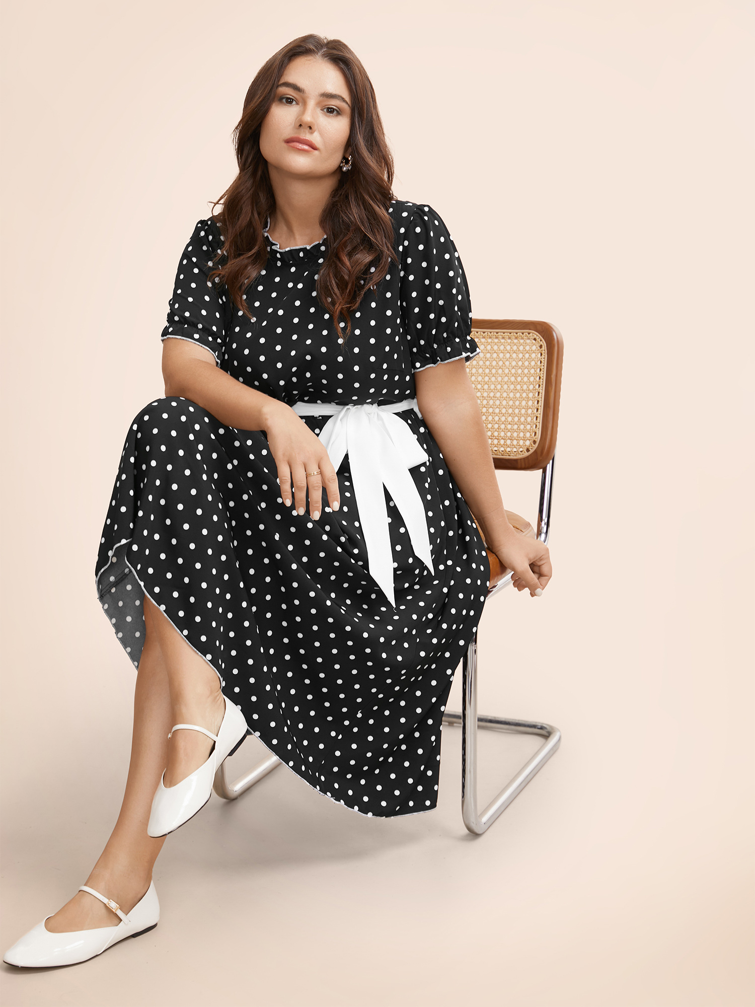 

Plus Size Bow Polka Dot Midi Dress Black Women Elegant Belted Mock Neck Short sleeve Curvy BloomChic