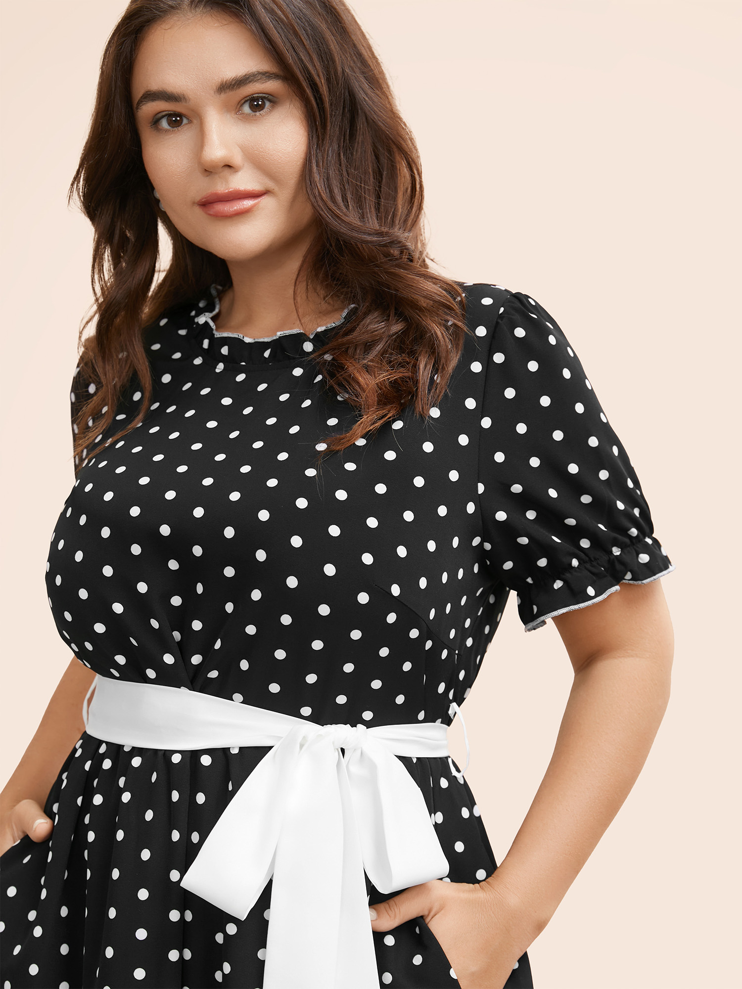 

Plus Size Bow Polka Dot Midi Dress Black Women Elegant Belted Mock Neck Short sleeve Curvy BloomChic