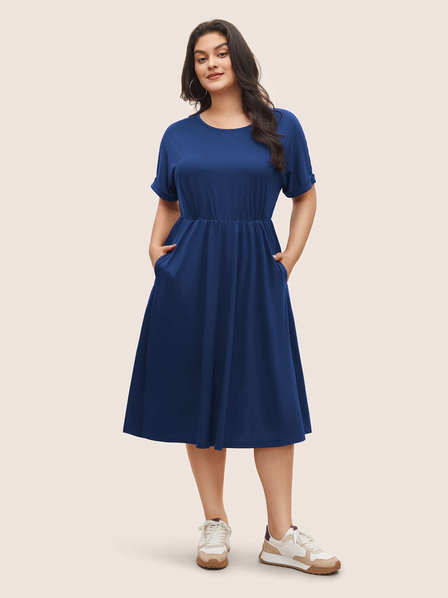 

Plus Size Supersoft Essentials Solid Pocket Cuffed Sleeve Dress Mediumblue Women Basics Non Round Neck Short sleeve Curvy Midi Dress BloomChic