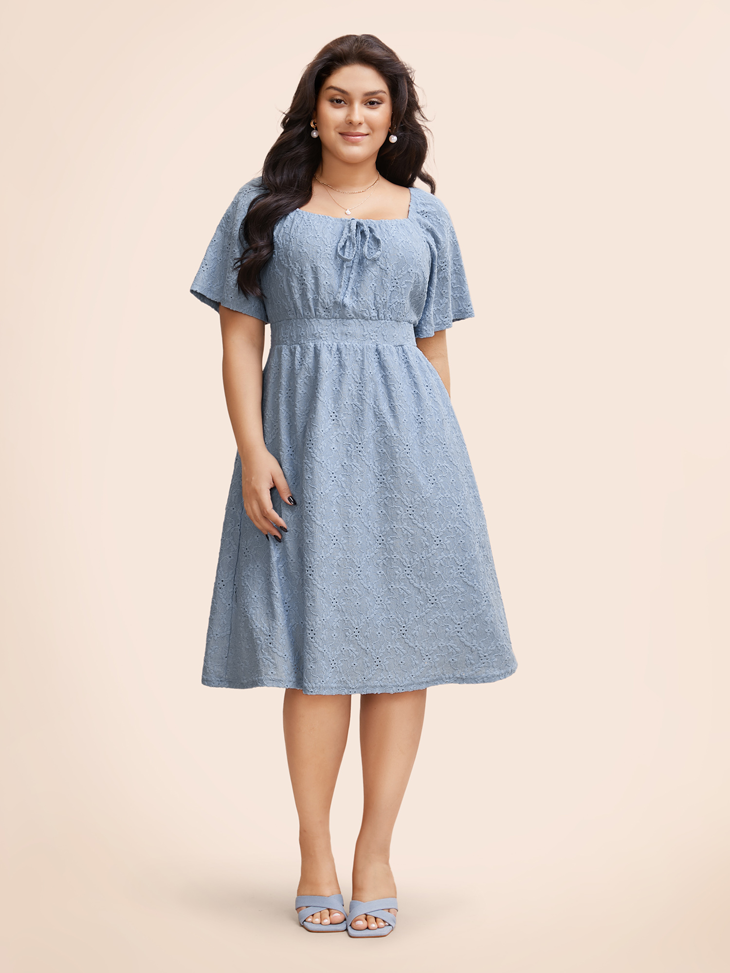 

Plus Size Textured Bowknot Ruffle Sleeve Dress Stone Women Elegant Tie knot Square Neck Short sleeve Curvy BloomChic