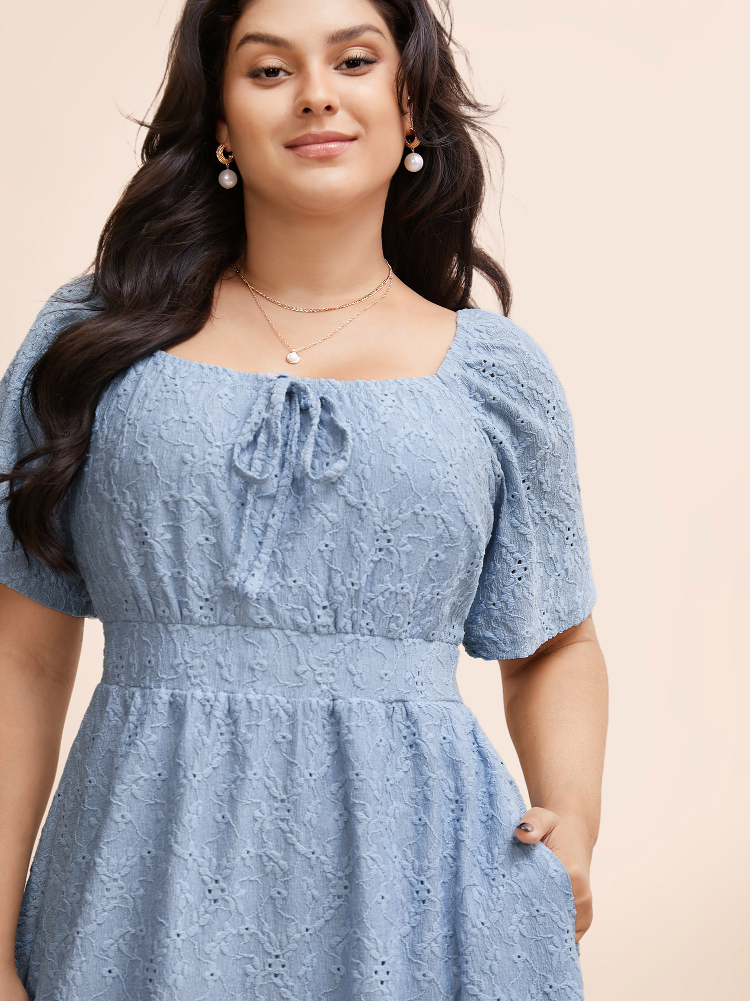 Plus Size Textured Bowknot Ruffle Sleeve Dress Stone Women Elegant Tie knot Square Neck Short sleeve Curvy BloomChic 30/6X 