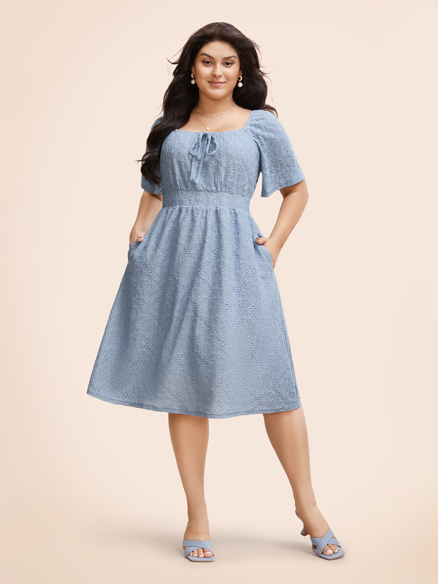 Plus Size Textured Bowknot Ruffle Sleeve Dress Stone Women Elegant Tie knot Square Neck Short sleeve Curvy BloomChic 30/6X 