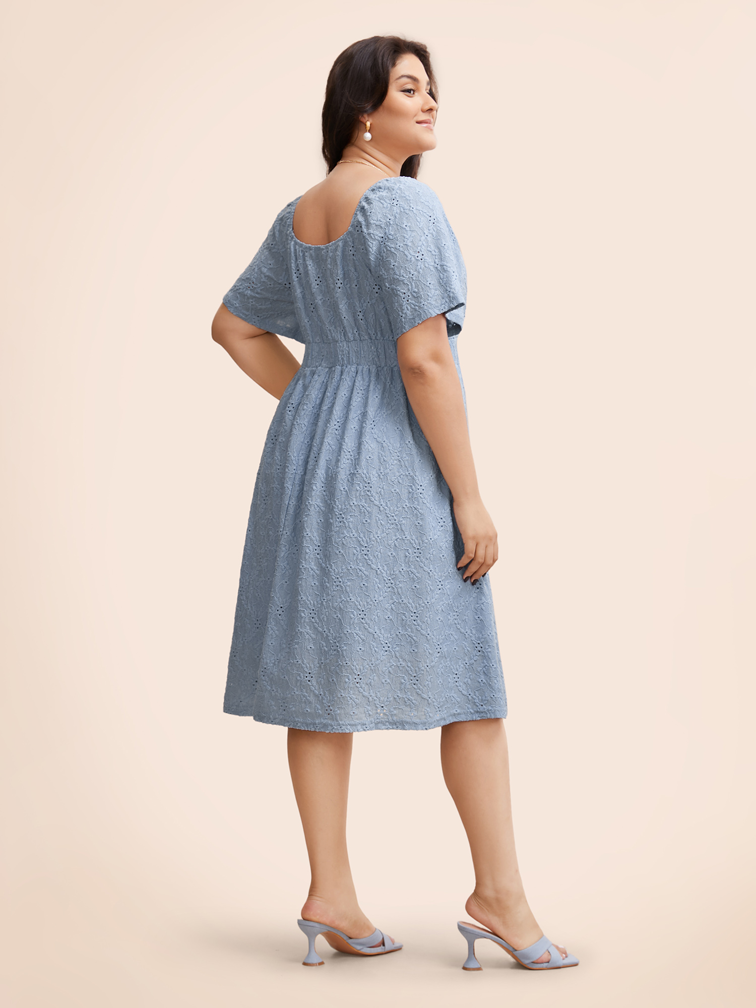 Plus Size Textured Bowknot Ruffle Sleeve Dress Stone Women Elegant Tie knot Square Neck Short sleeve Curvy BloomChic 30/6X 