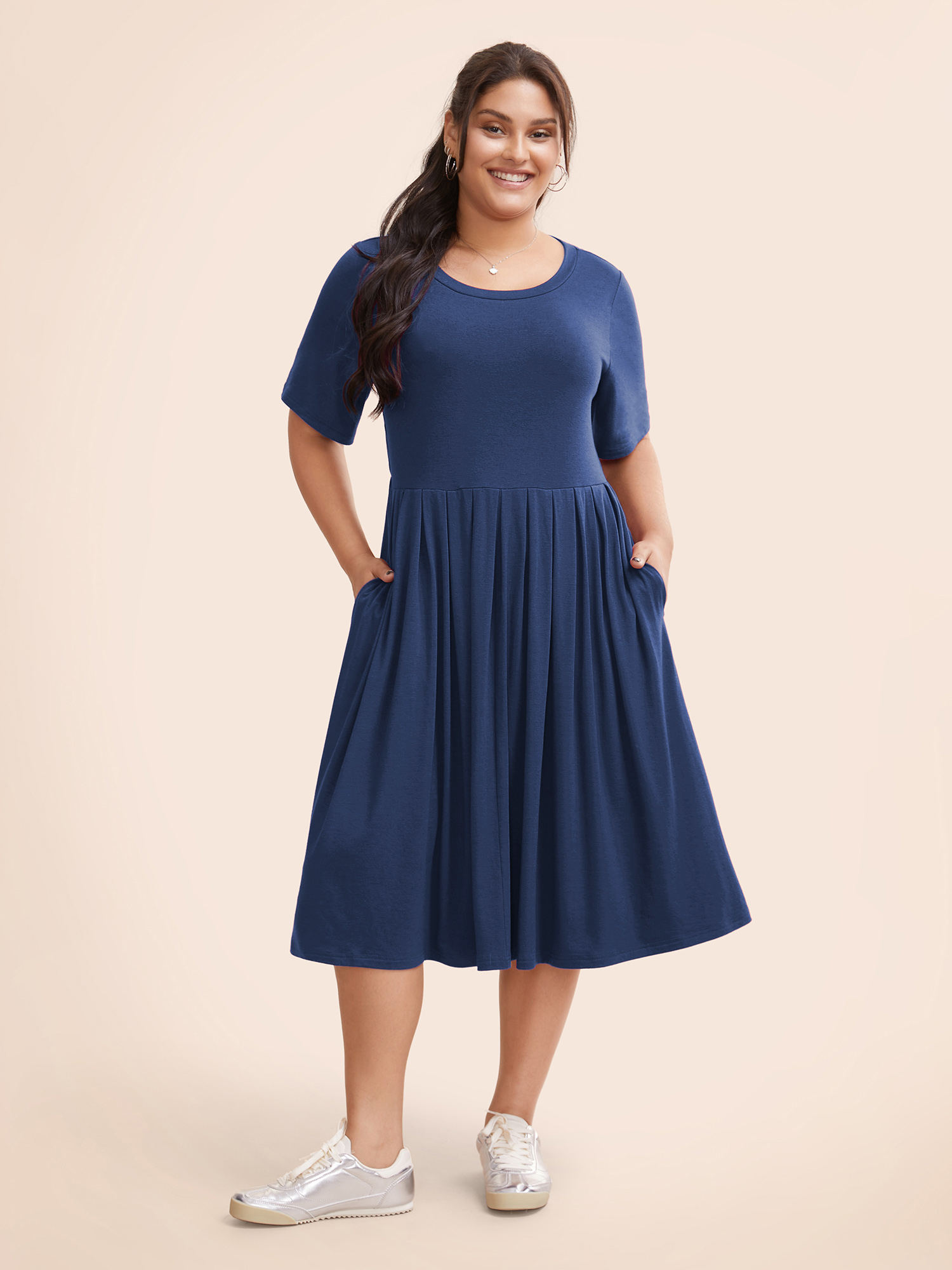 

Plus Size Supersoft Essentials Solid Pleated Round Neck Midi Dress DarkBlue Women Casual Plain Round Neck Short sleeve Curvy Midi Dress BloomChic