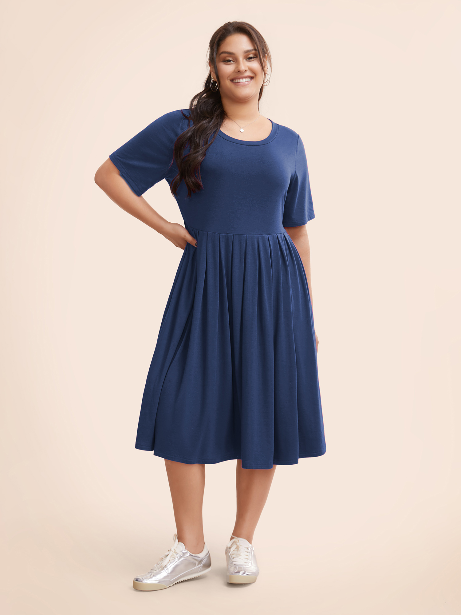 

Plus Size Supersoft Essentials Solid Pleated Round Neck Midi Dress DarkBlue Women Casual Plain Round Neck Short sleeve Curvy Midi Dress BloomChic