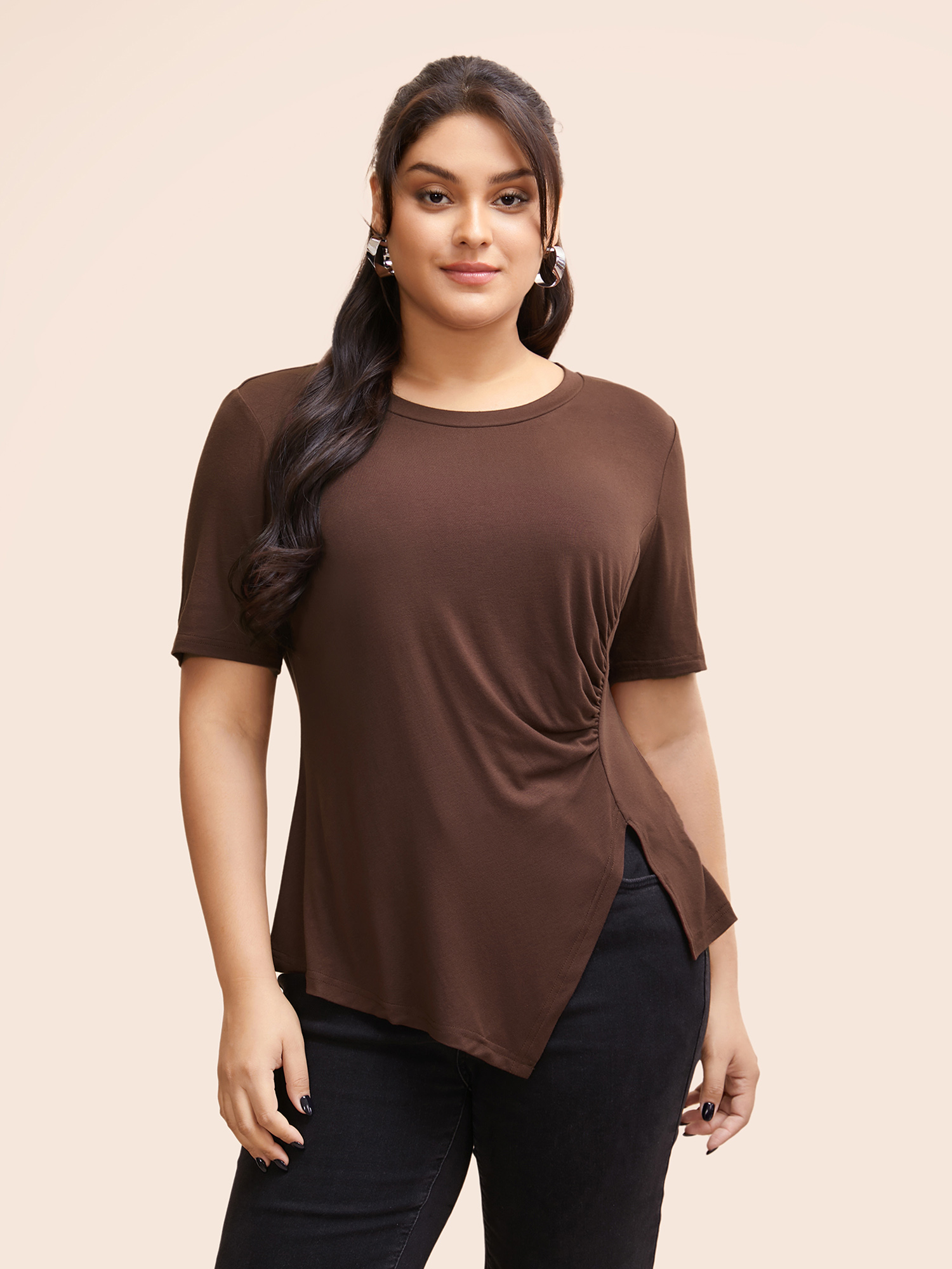 

Plus Size Solid Crew Neck Gathered Split Hem T-shirt Browncoffeecolor Women Casual Gathered Round Neck Everyday T-shirts BloomChic