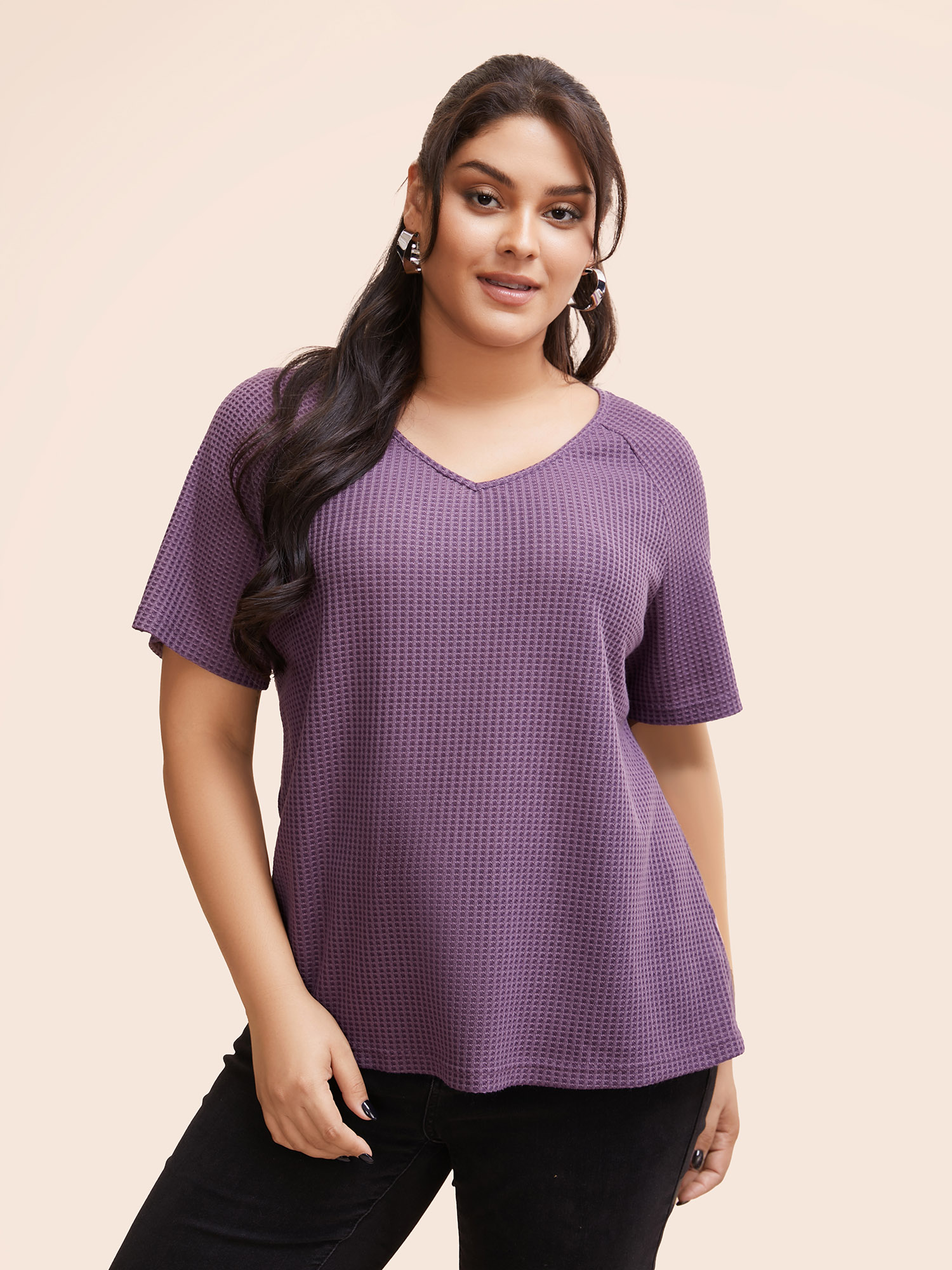 

Plus Size Waffle Knit Lace Patchwork Raglan Sleeve T-shirt Mauve Round Neck Short sleeve Casual Jersey Tops