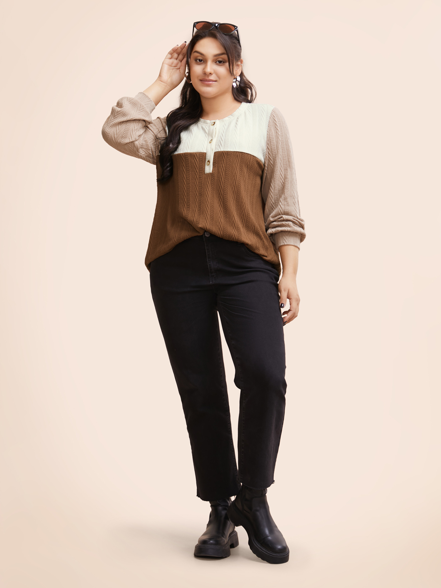 Plus Size Colorblock Contrast Textured Button Up T-shirt Multicolor Women Casual Texture Round Neck Everyday T-shirts BloomChic 12/L 