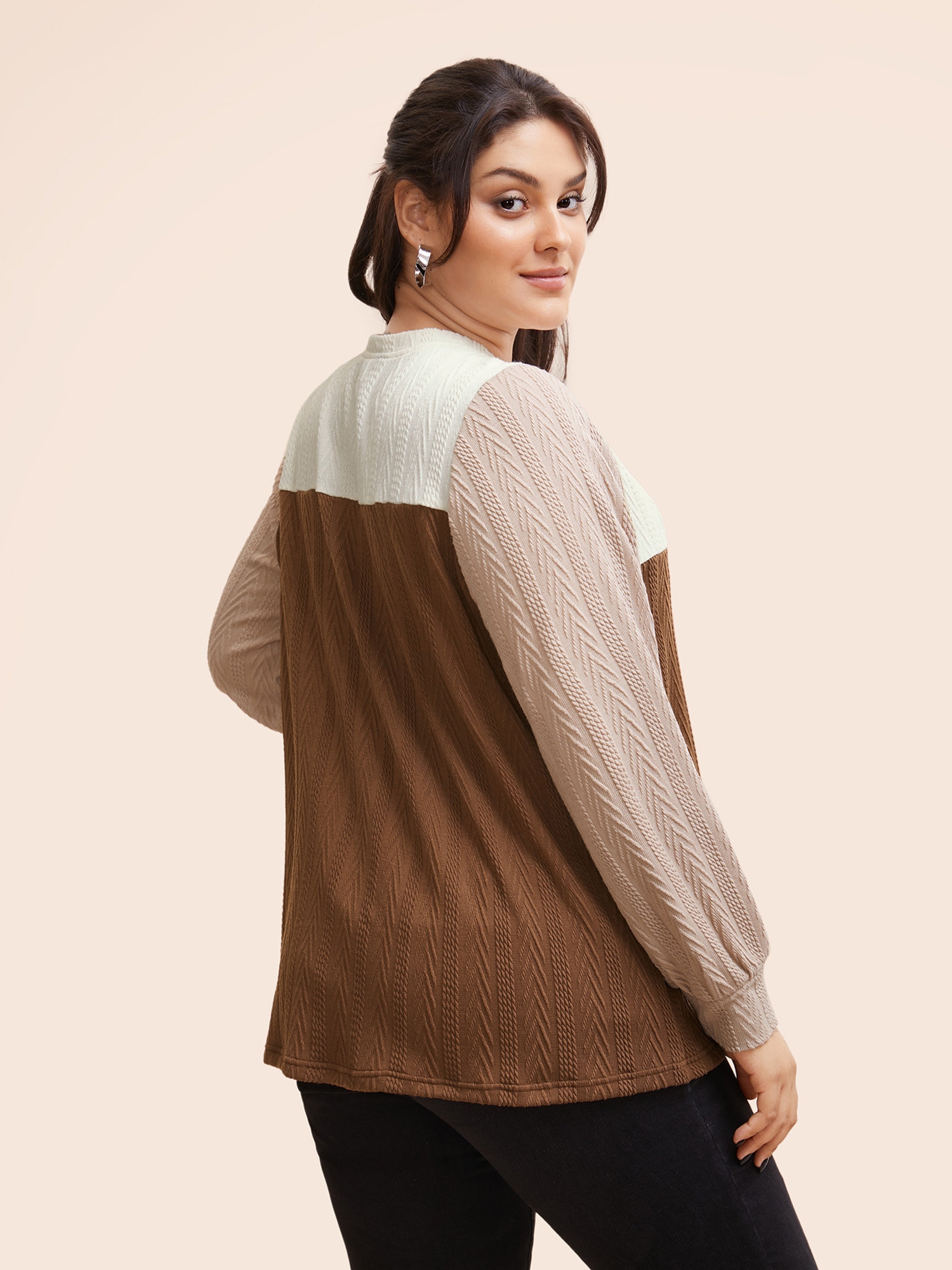 Plus Size Colorblock Contrast Textured Button Up T-shirt Multicolor Women Casual Texture Round Neck Everyday T-shirts BloomChic 12/L 