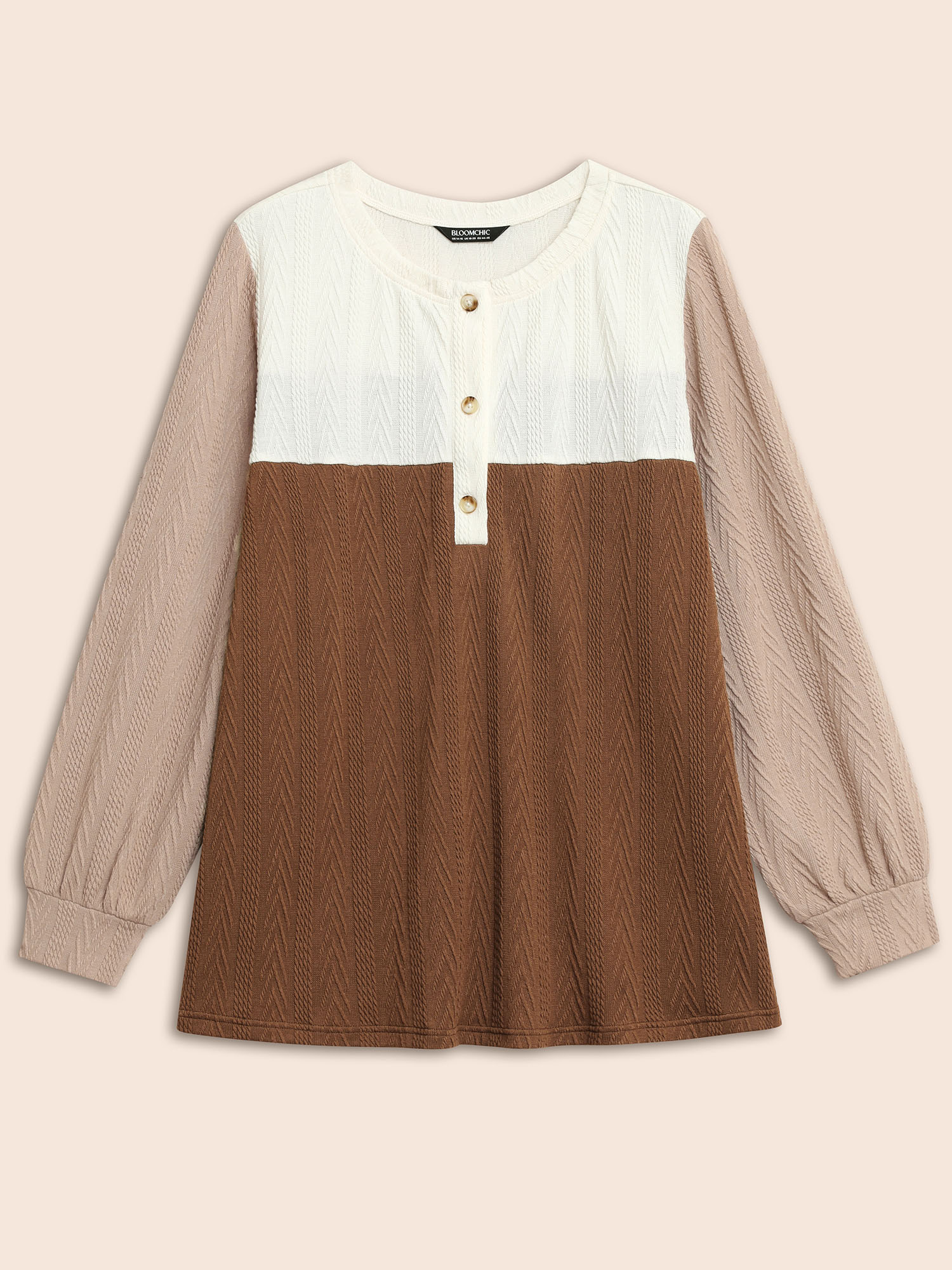 Plus Size Colorblock Contrast Textured Button Up T-shirt Multicolor Women Casual Texture Round Neck Everyday T-shirts BloomChic 12/L 