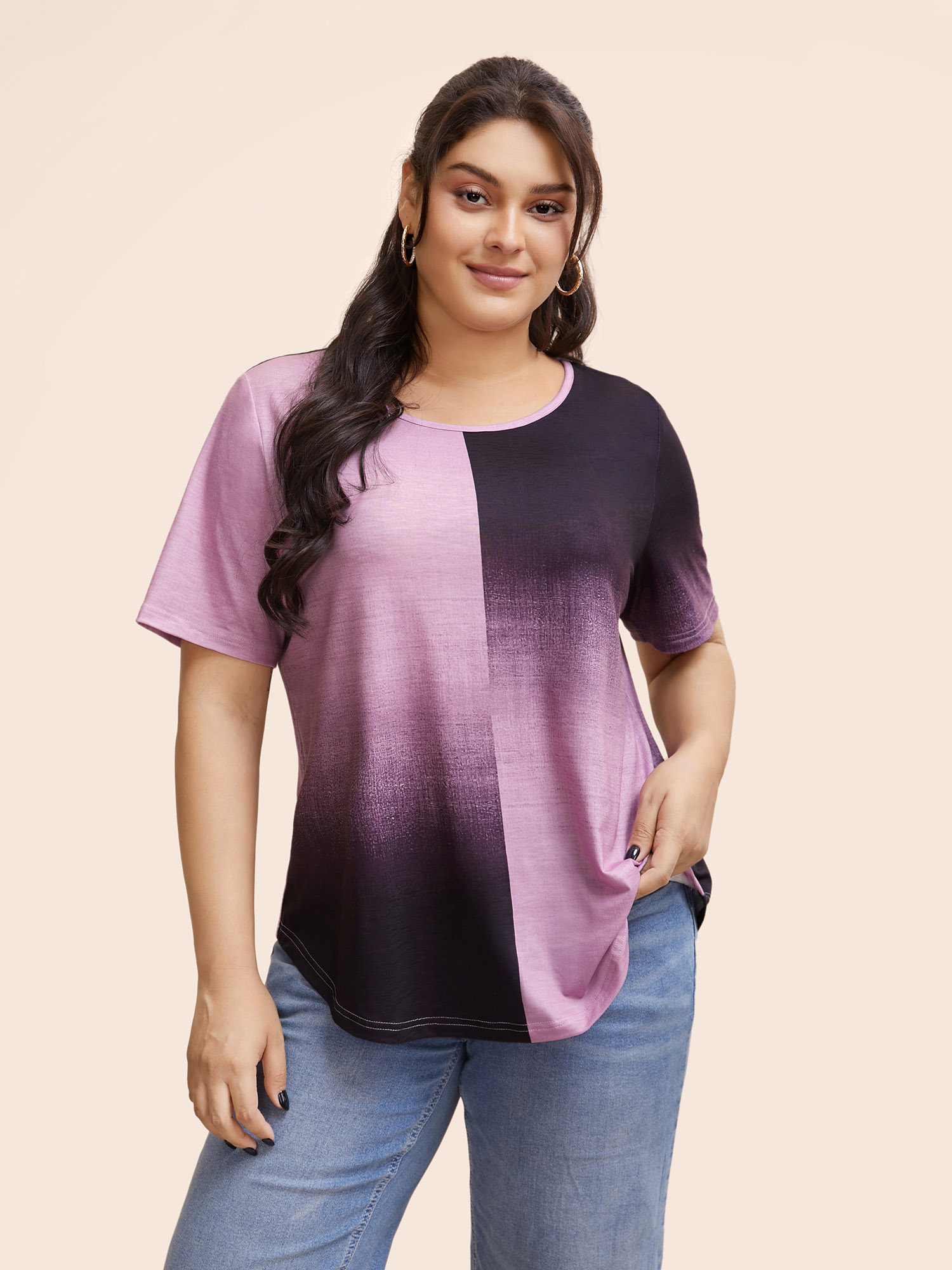 

Plus Size Ombre Heather Contrast Round Neck T-shirt Mauve Women Casual Non Round Neck Everyday T-shirts BloomChic