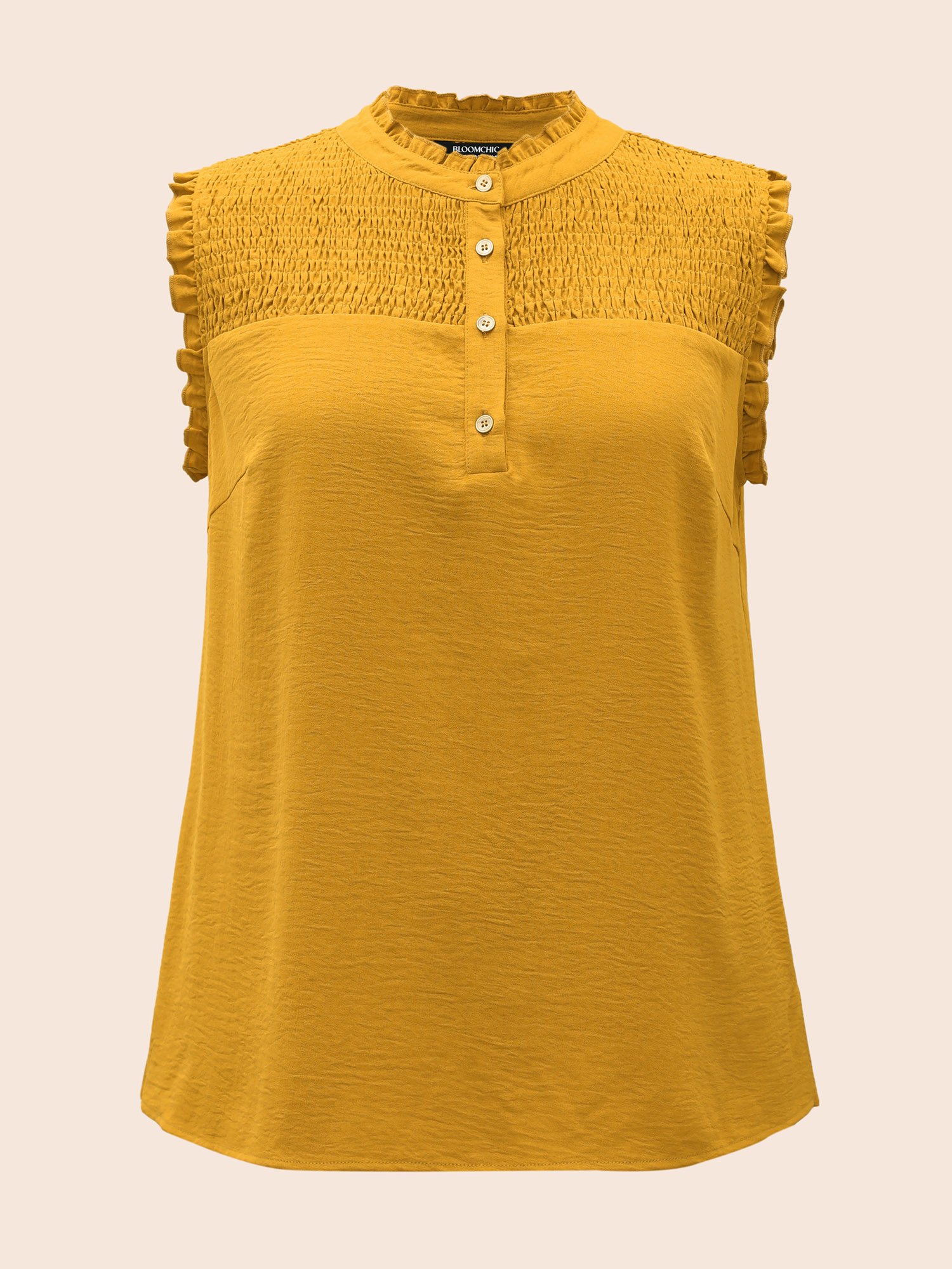 

Plus Size Ruffle Trim Shirred Split Hem Tank Top Women Turmeric Casual Button Mock Neck Everyday Tank Tops Camis BloomChic