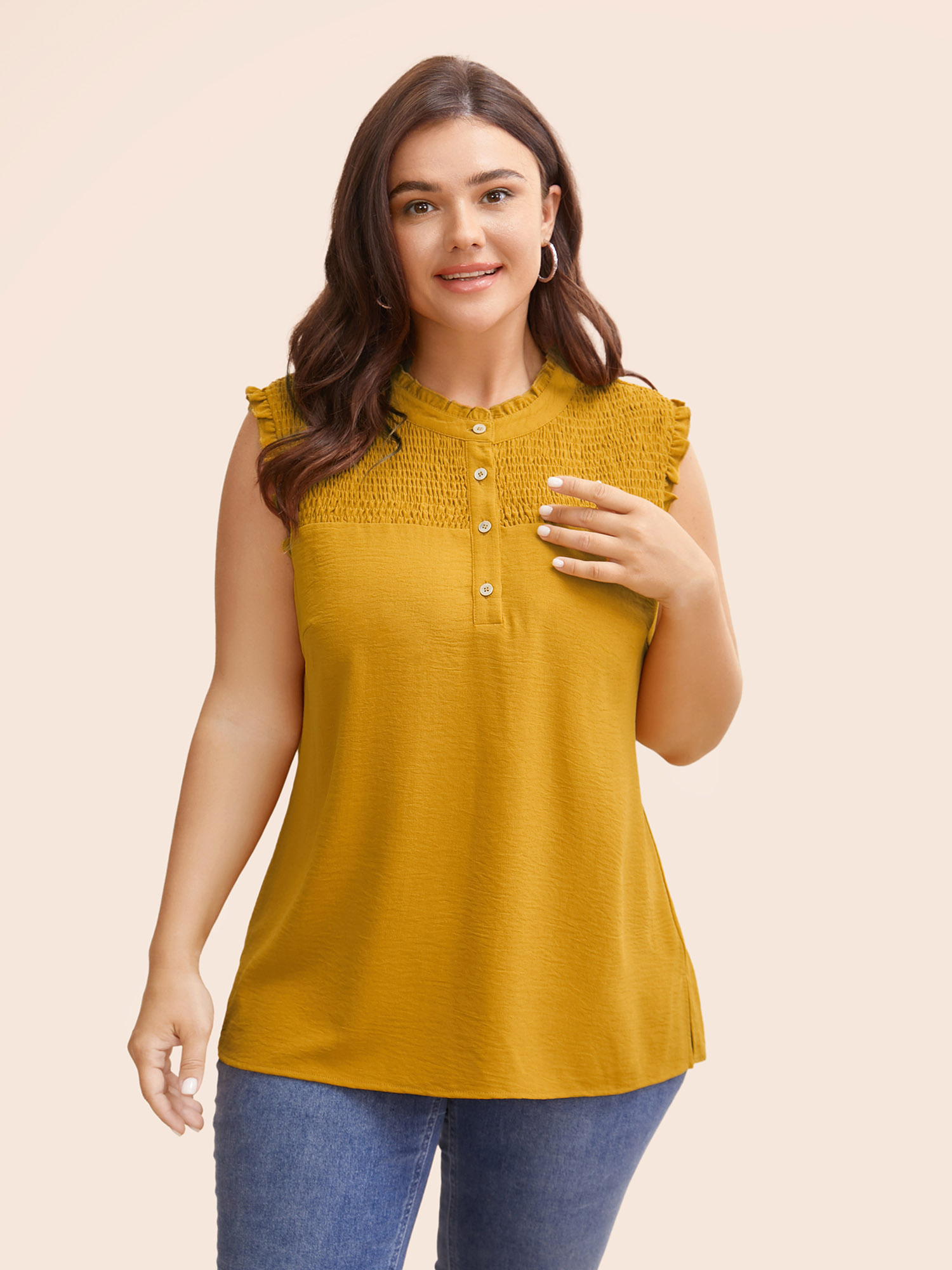 

Plus Size Ruffle Trim Shirred Split Hem Tank Top Women Turmeric Casual Button Mock Neck Everyday Tank Tops Camis BloomChic