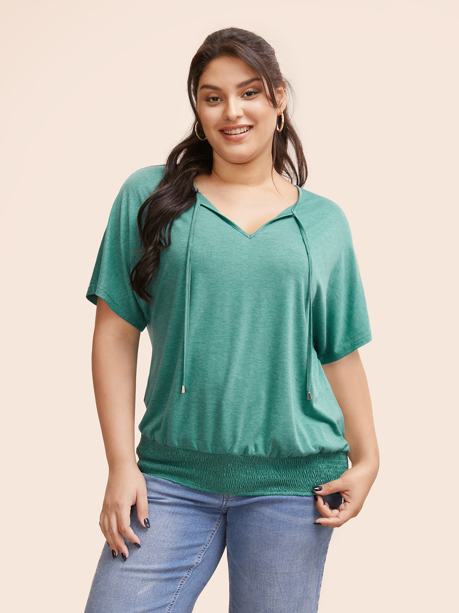 

Plus Size Solid Shirred Tie Knot Dolman Sleeve T-shirt Emerald Women Casual Tie knot V-neck Everyday T-shirts BloomChic