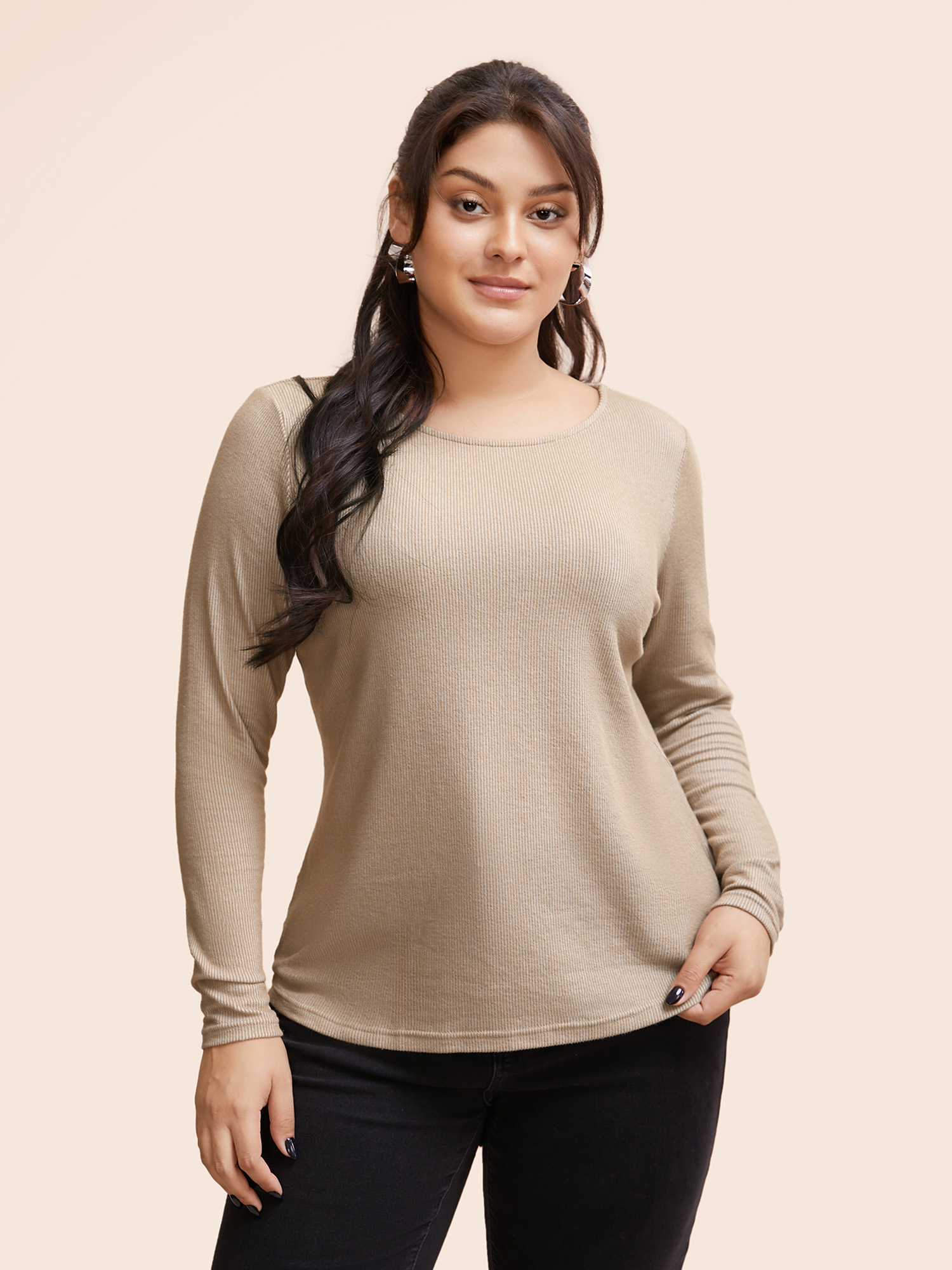 

Plus Size Solid Crew Neck Pit Strip T-shirt LightBrown Women Casual Texture Round Neck Bodycon Everyday T-shirts BloomChic