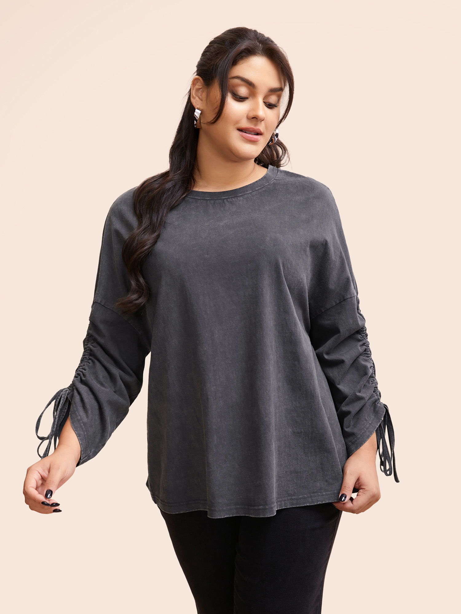 

Plus Size Vintage Drawstring Drop Shoulder T-shirt DimGray Women Casual Drawstring Round Neck Everyday T-shirts BloomChic