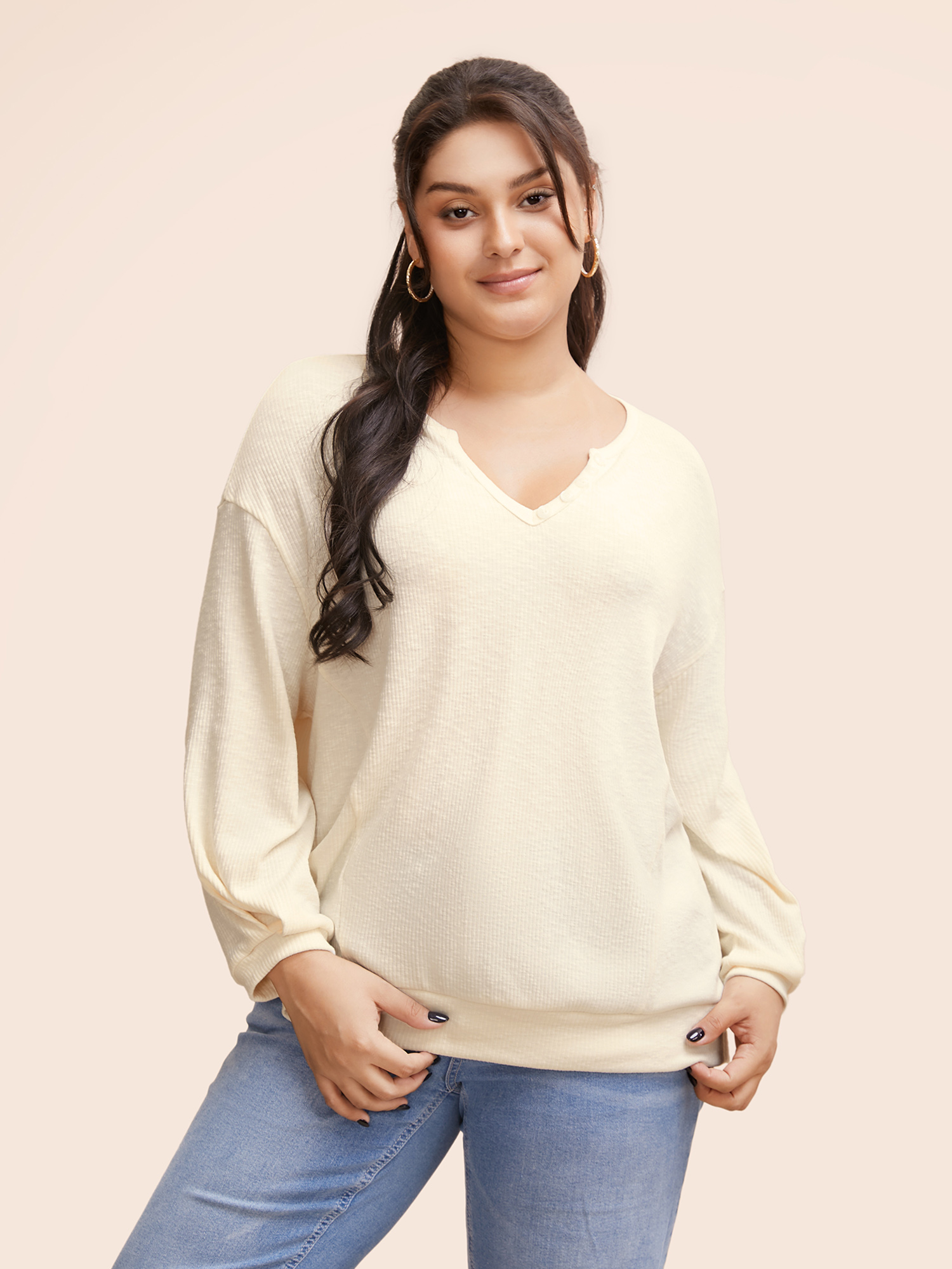 

Plus Size Notched Button Detail Split Hem Sweatshirt Women Beige Casual Texture Flat collar with V-notch Everyday Sweatshirts BloomChic