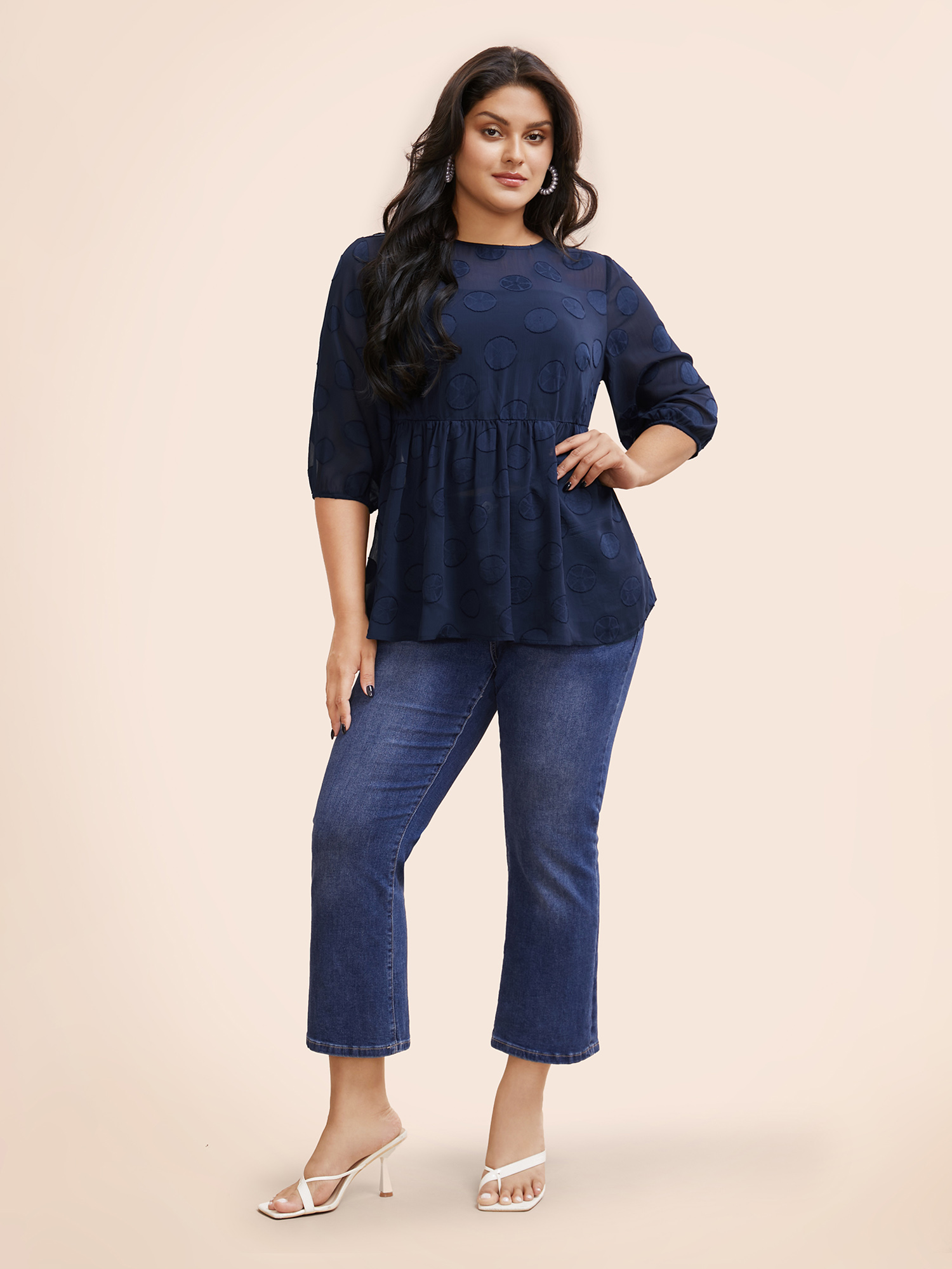 

Plus Size Indigo Chiffon Textured Mesh Lantern Sleeve Blouse Women Elegant Elbow-length sleeve Round Neck Everyday Blouses BloomChic