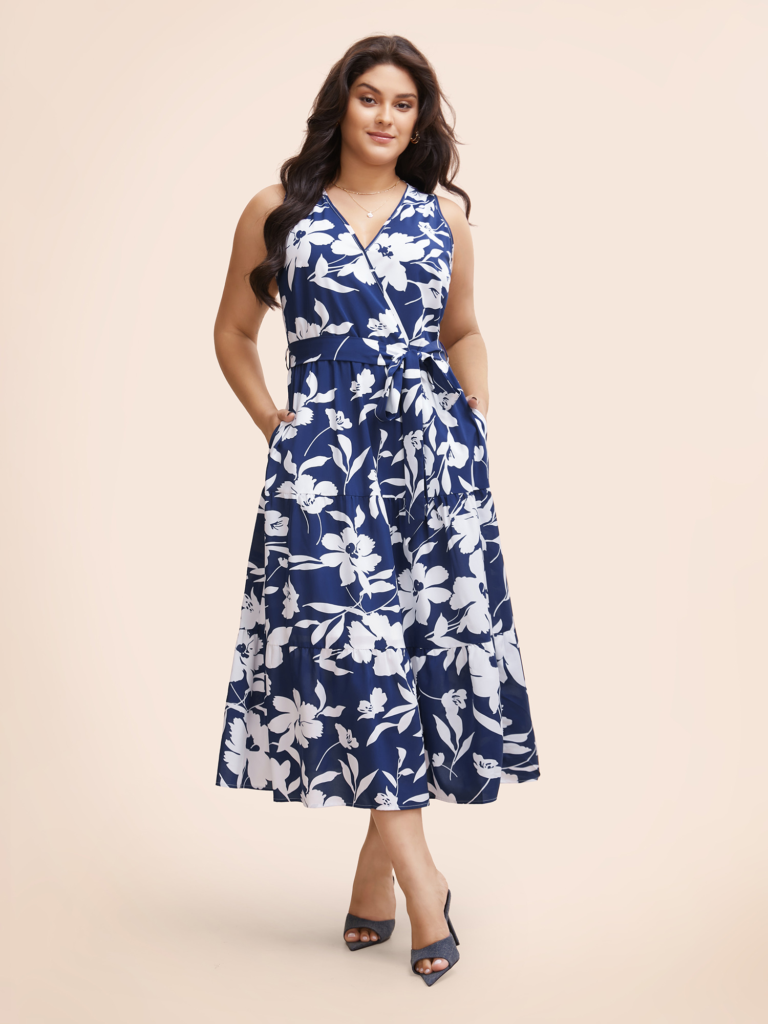 

Plus Size Silhouette Floral Print Wrap Sleeveless Dress Mediumblue Women Elegant Belted Overlap Collar Sleeveless Curvy BloomChic