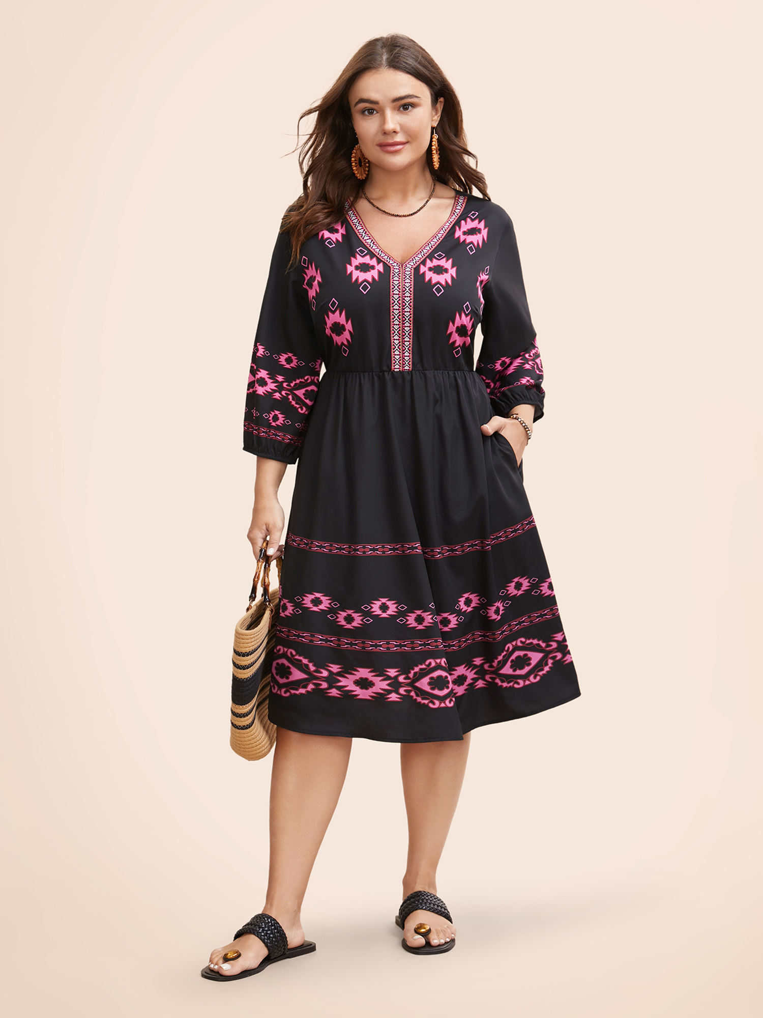 

Plus Size V Neck Bandana Print Elastic Waist Dress Black Women Resort Gathered V-neck Elbow-length sleeve Curvy BloomChic