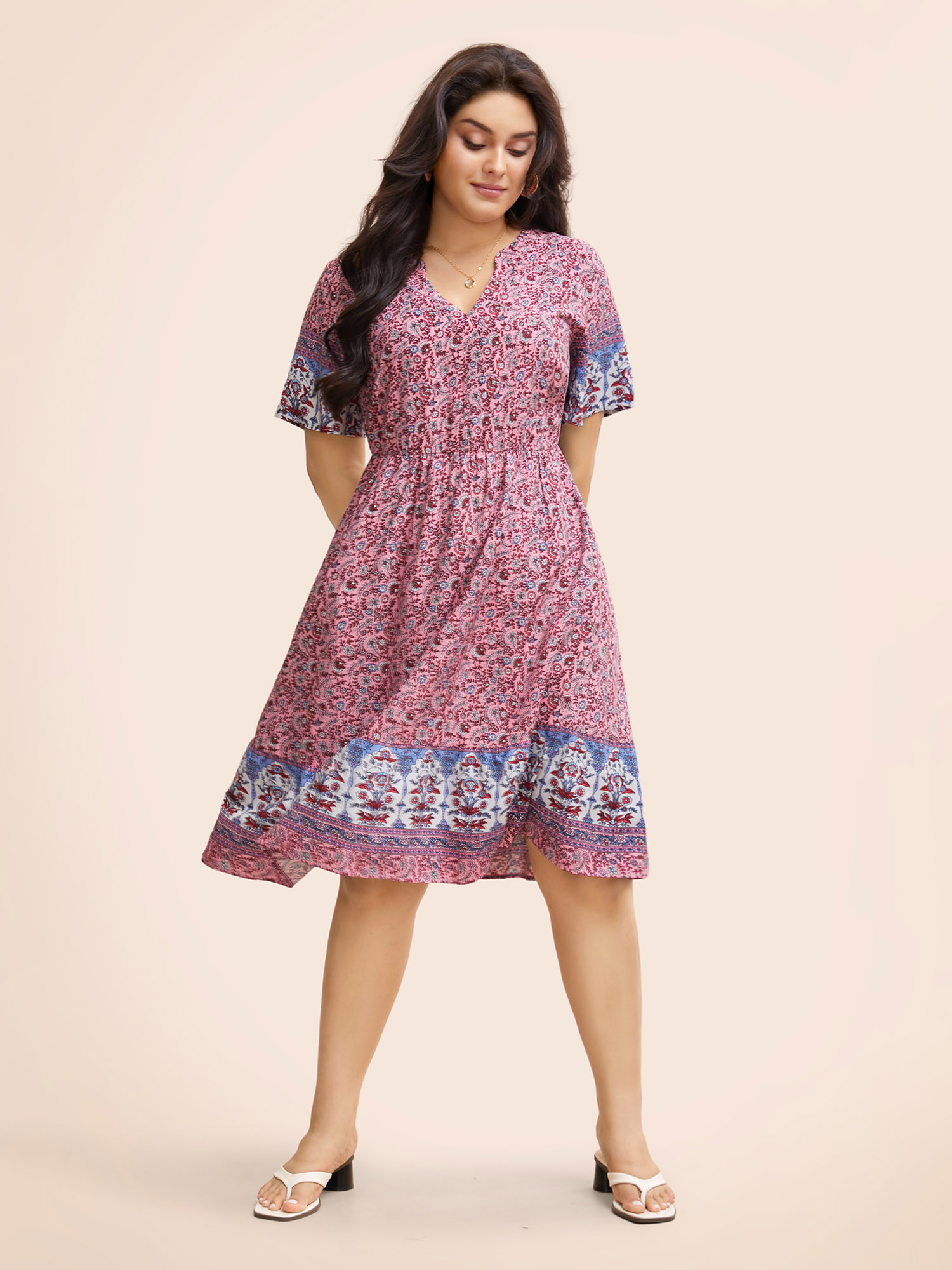 

Plus Size Boho Print Notched Collar Elastic Waist Dress Watermelon Women Resort Non Flat collar with V-notch Short sleeve Curvy BloomChic