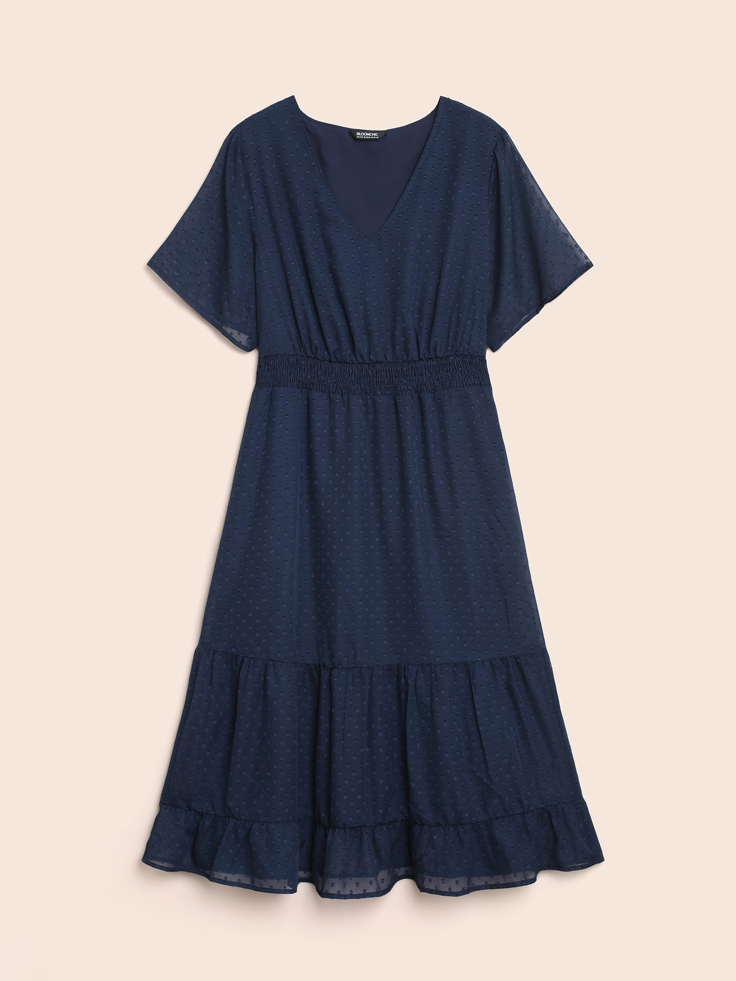 

Plus Size Textured Shirred Ruffle Sleeve Midi Dress DarkBlue Women Elegant Texture V-neck Short sleeve Curvy BloomChic