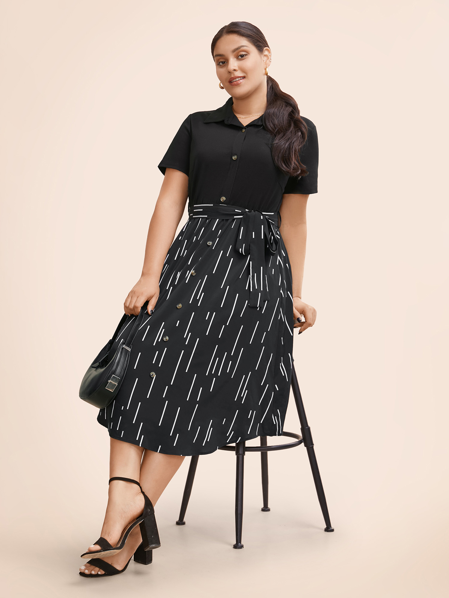 

Plus Size Striped Patchwork Button Detail Belted Dress Black Women Workwear Essentials Belted Shirt collar Short sleeve Curvy BloomChic