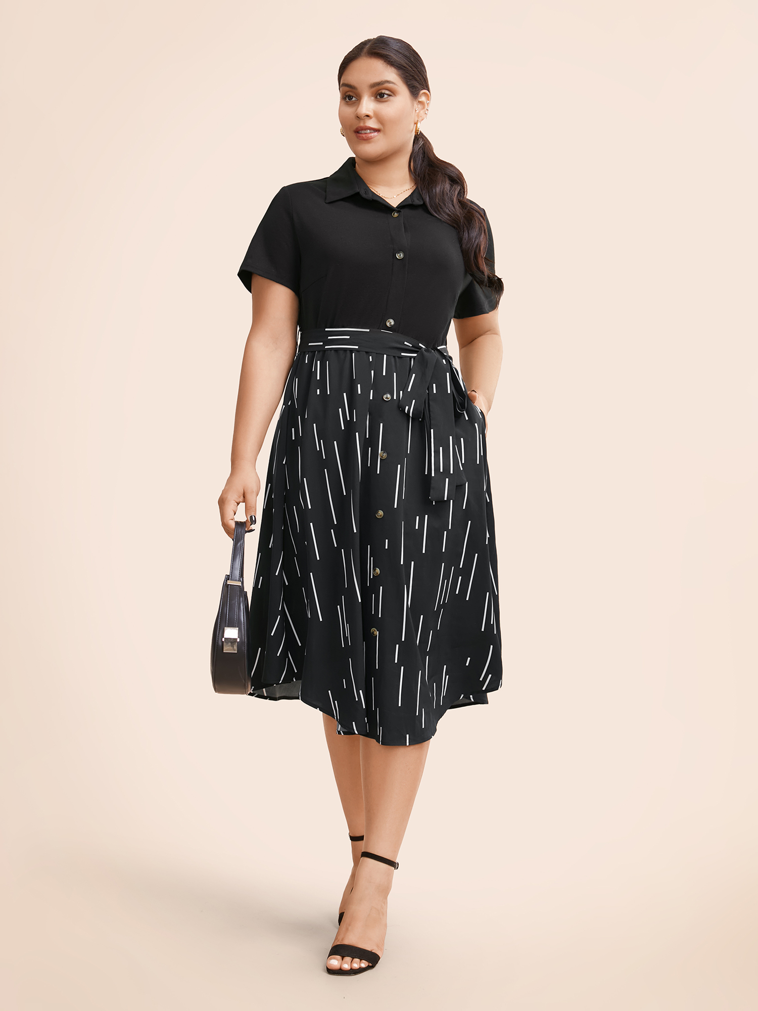 

Plus Size Striped Patchwork Button Detail Belted Dress Black Women Workwear Essentials Belted Shirt collar Short sleeve Curvy BloomChic