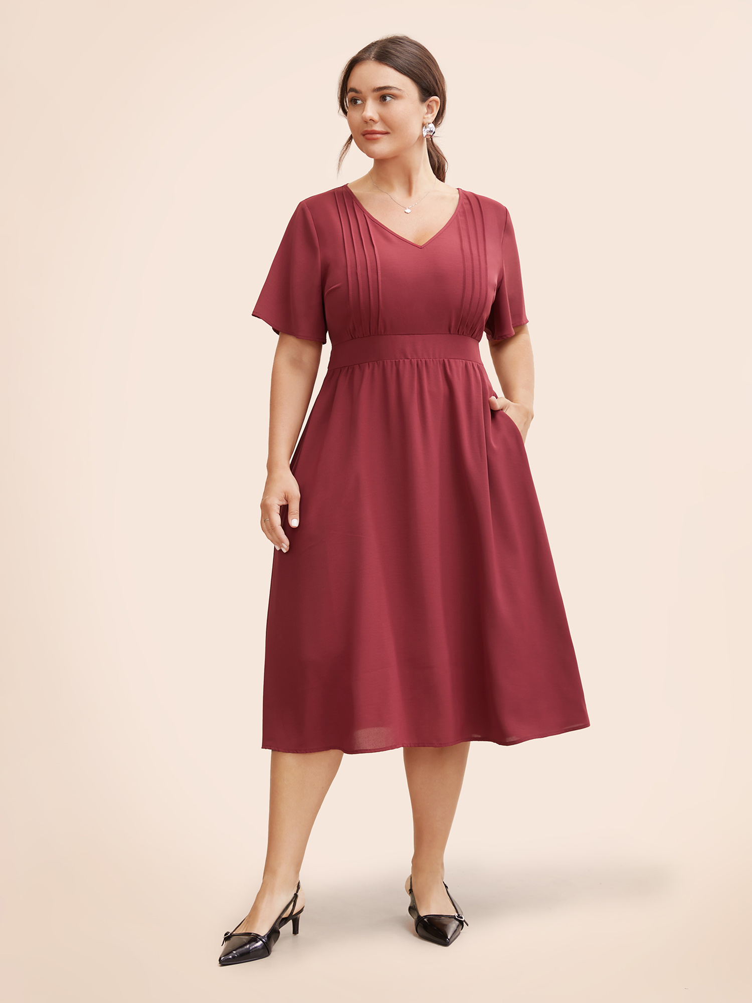 

Plus Size V Neck Pleated Shirred Midi Dress Scarlet Women Workwear Essentials Tucked seam V-neck Short sleeve Curvy BloomChic