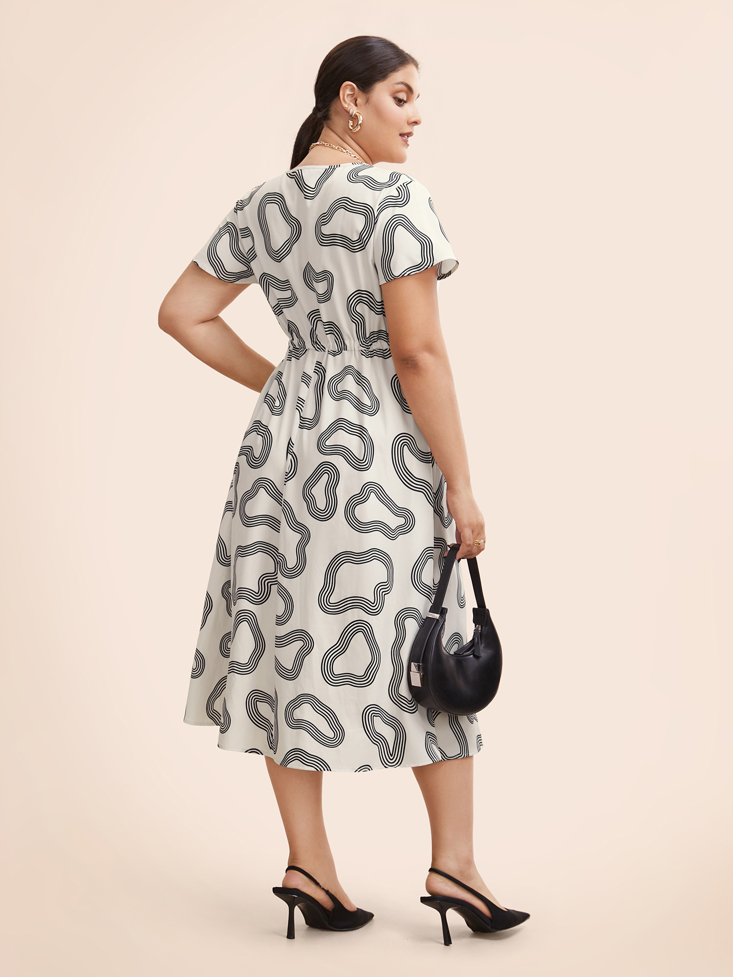 Plus Size V Neck Geometric Drawstring Midi Dress Beige Women Workwear Essentials Drawstring V-neck Short sleeve Curvy BloomChic 10/M 