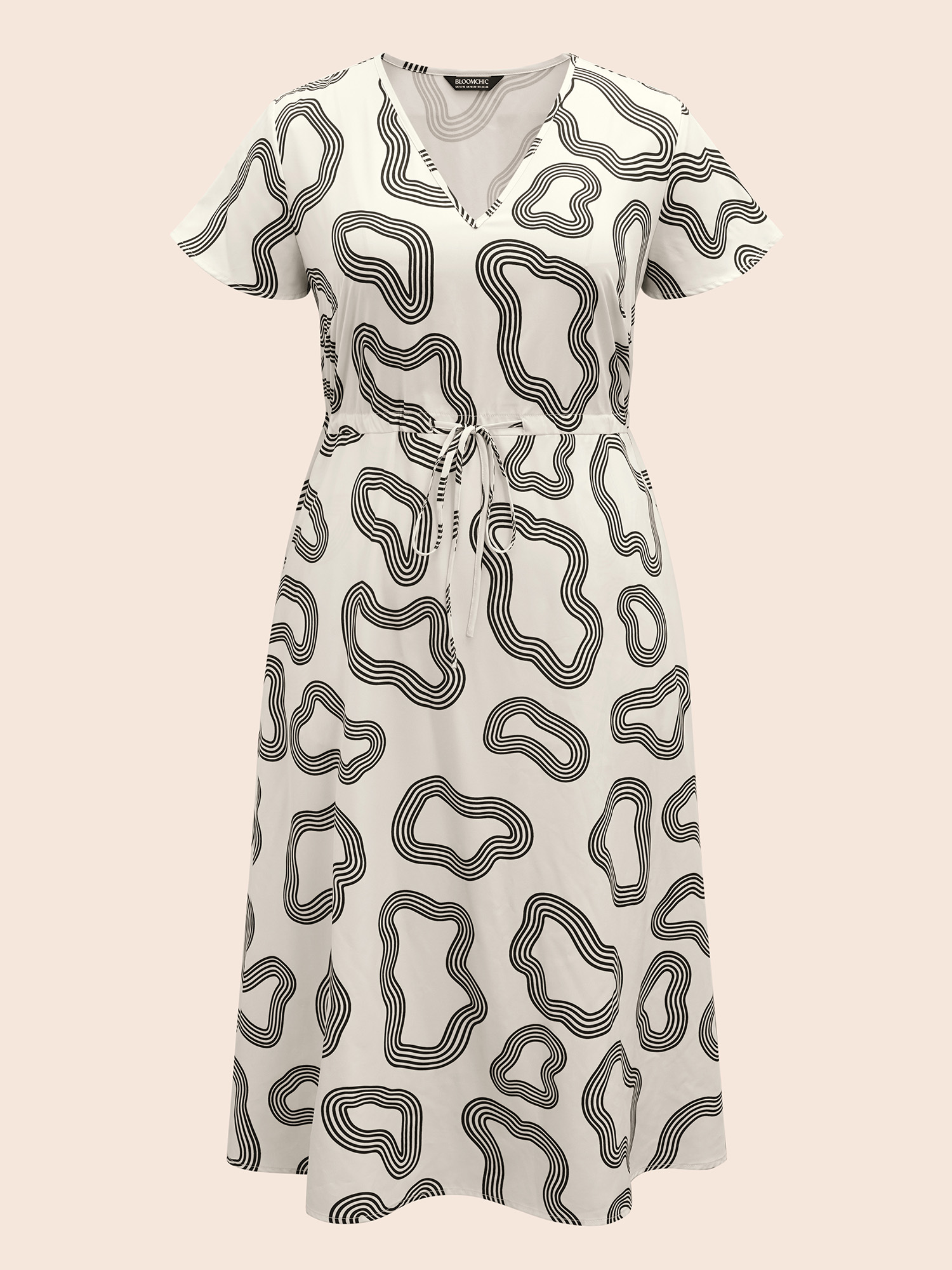 Plus Size V Neck Geometric Drawstring Midi Dress Beige Women Workwear Essentials Drawstring V-neck Short sleeve Curvy BloomChic 10/M 