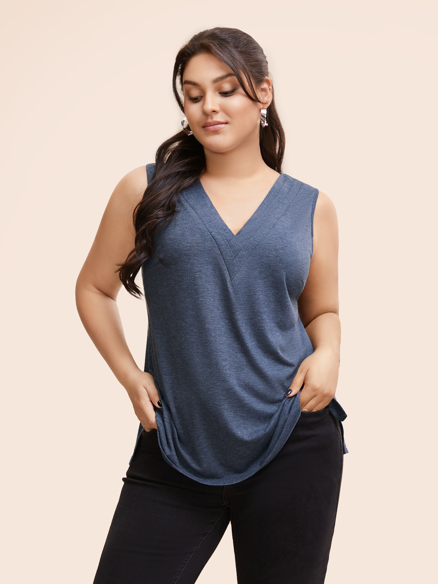 

Plus Size Solid Heather Pleated Split Hem Tank Top Women Mediumblue Casual Pleated V-neck Everyday Tank Tops Camis BloomChic