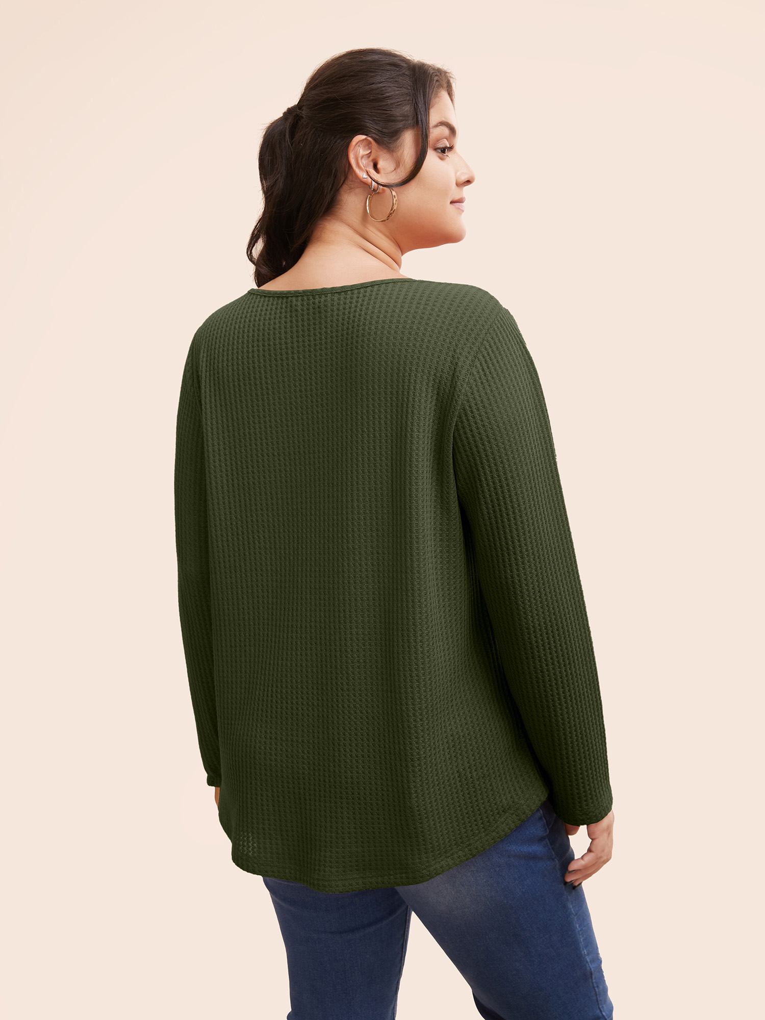 

Plus Size Plain Waffle Knit Scoop Neck Plicated Detail T-shirt Green Women Casual Non Plain Scoop Neck Everyday T-shirts BloomChic