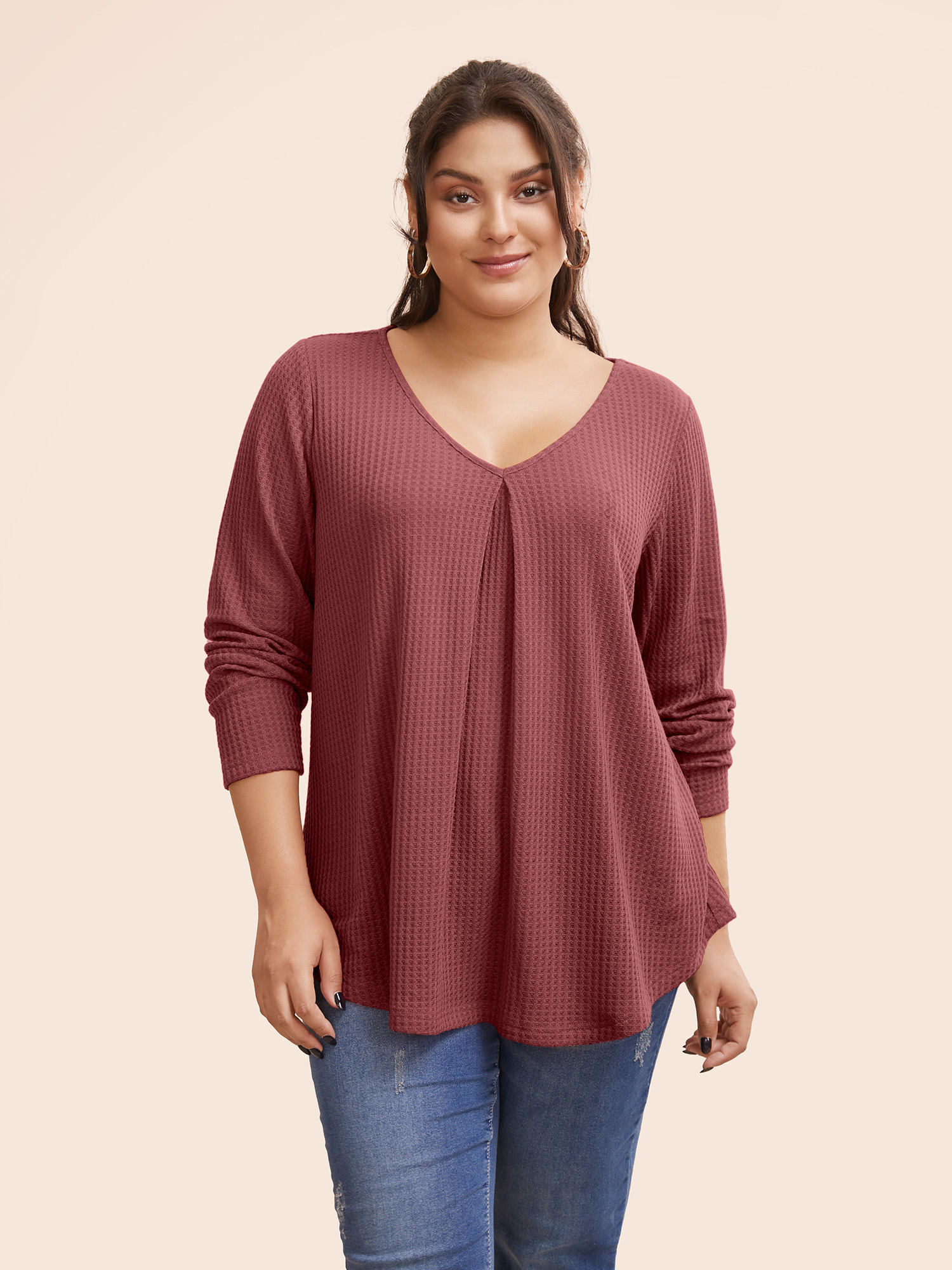 

Plus Size Plain Waffle Knit Scoop Neck Plicated Detail T-shirt Russet Women Casual Non Plain V-neck Everyday T-shirts BloomChic