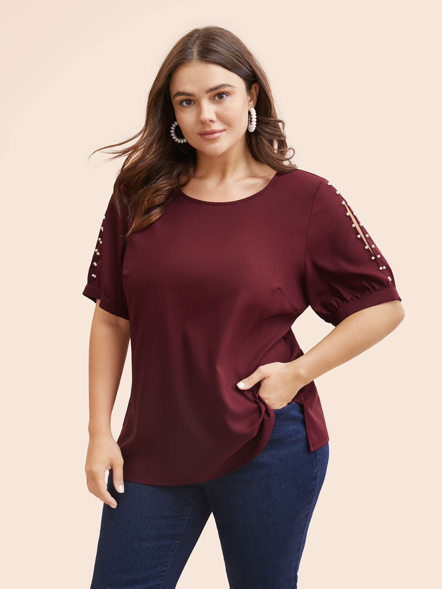 

Plus Size Burgundy Round Neck Pearl Beaded Cut Out Blouse Women Elegant Short sleeve Round Neck Everyday Blouses BloomChic