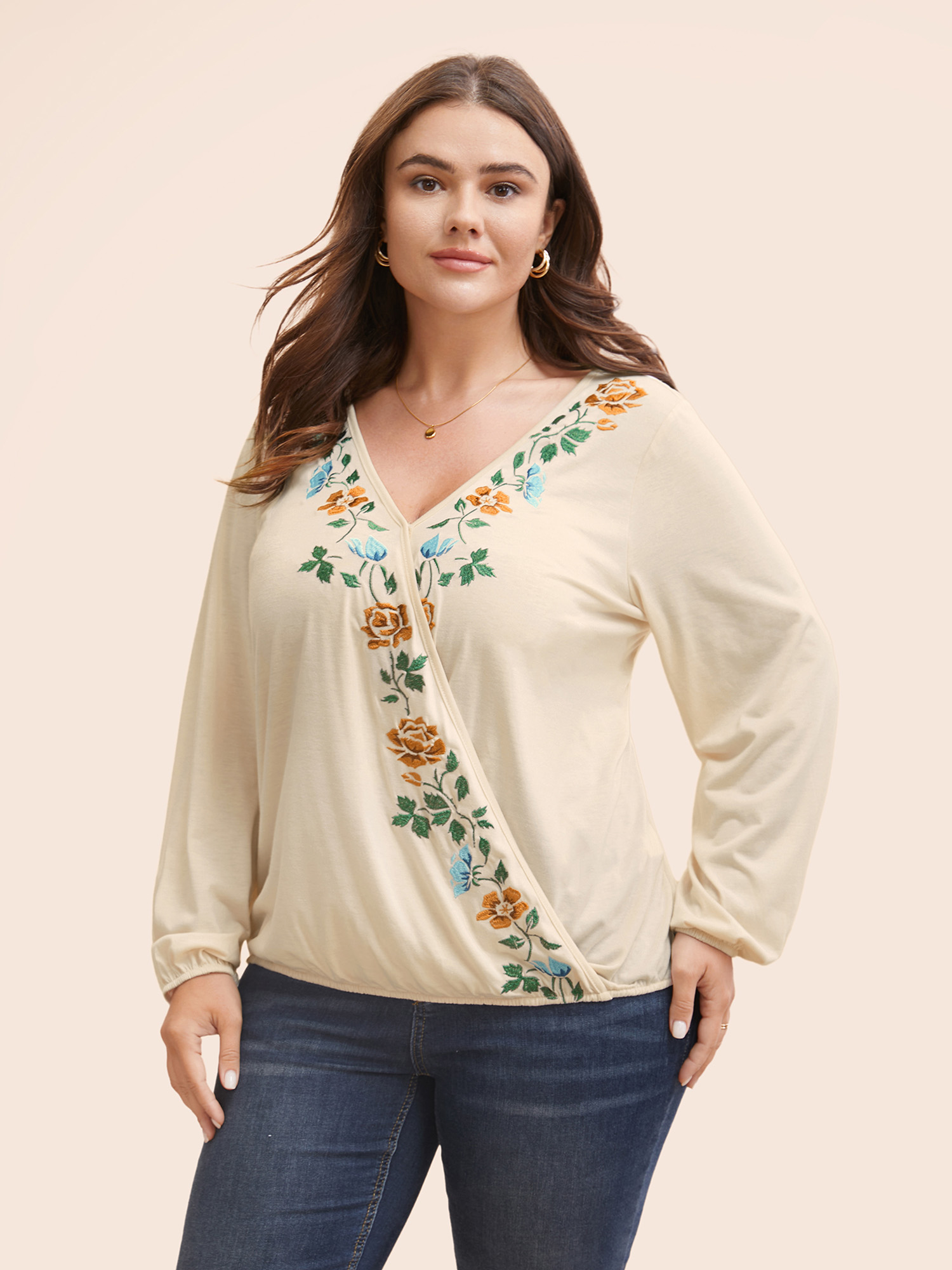 

Plus Size Overlap Collar Floral Embroidered Lantern Sleeve T-shirt Beige Women Casual Overlapping Natural Flowers Overlap Collar Everyday T-shirts BloomChic