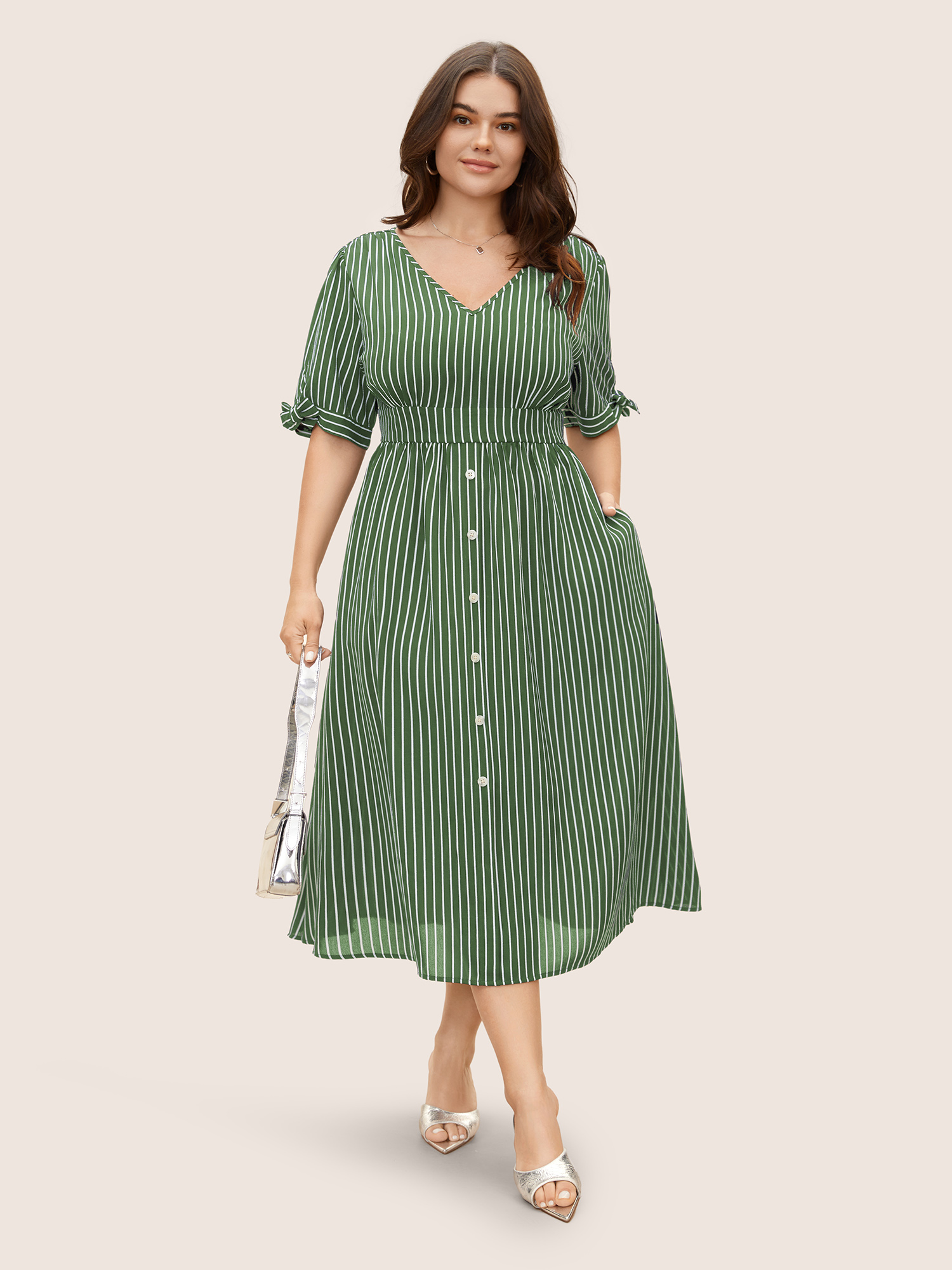 

Plus Size Striped Knot Sleeve Button Detail Dress Truegreen Women At the Office Tie knot V-neck Short sleeve Curvy BloomChic