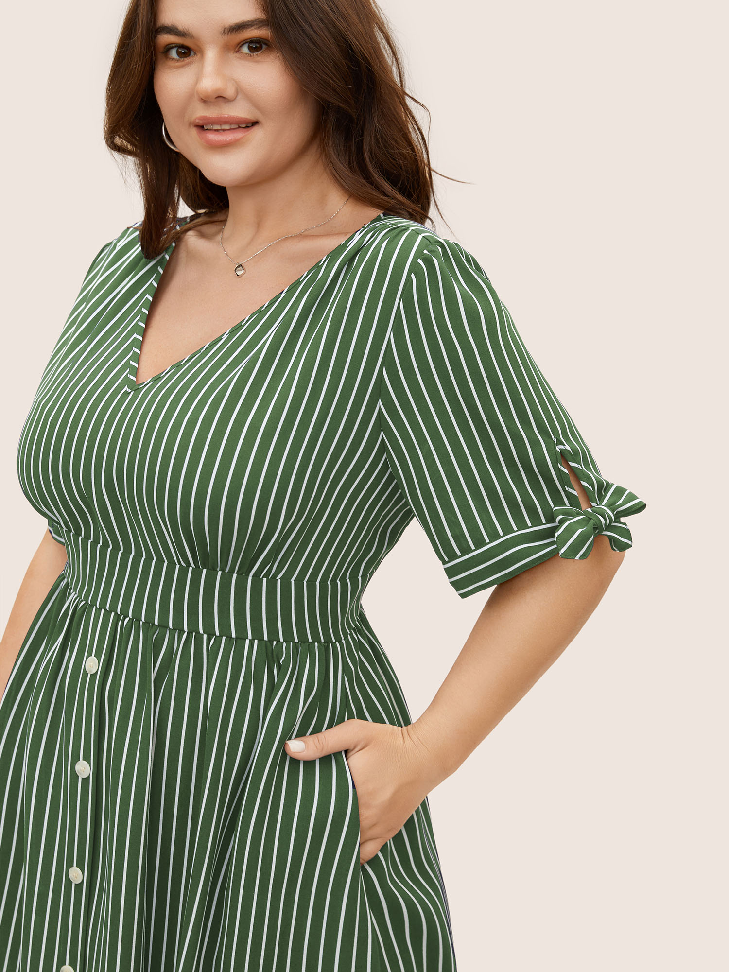 

Plus Size Striped Knot Sleeve Button Detail Dress Truegreen Women At the Office Tie knot V-neck Short sleeve Curvy BloomChic