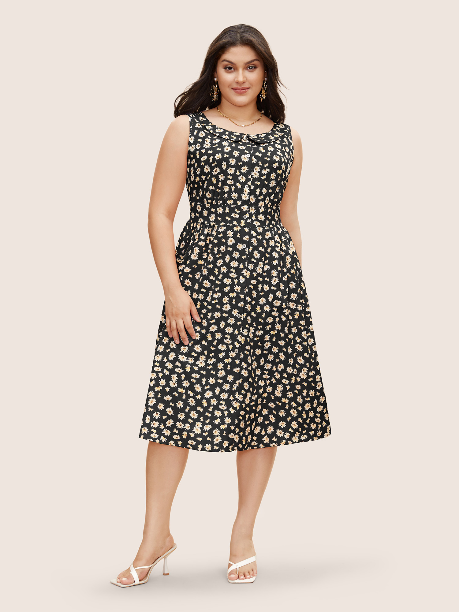 

Plus Size Collared Daisy Midi Dress Black Women Elegant Gathered Lapel Collar Sleeveless Curvy BloomChic