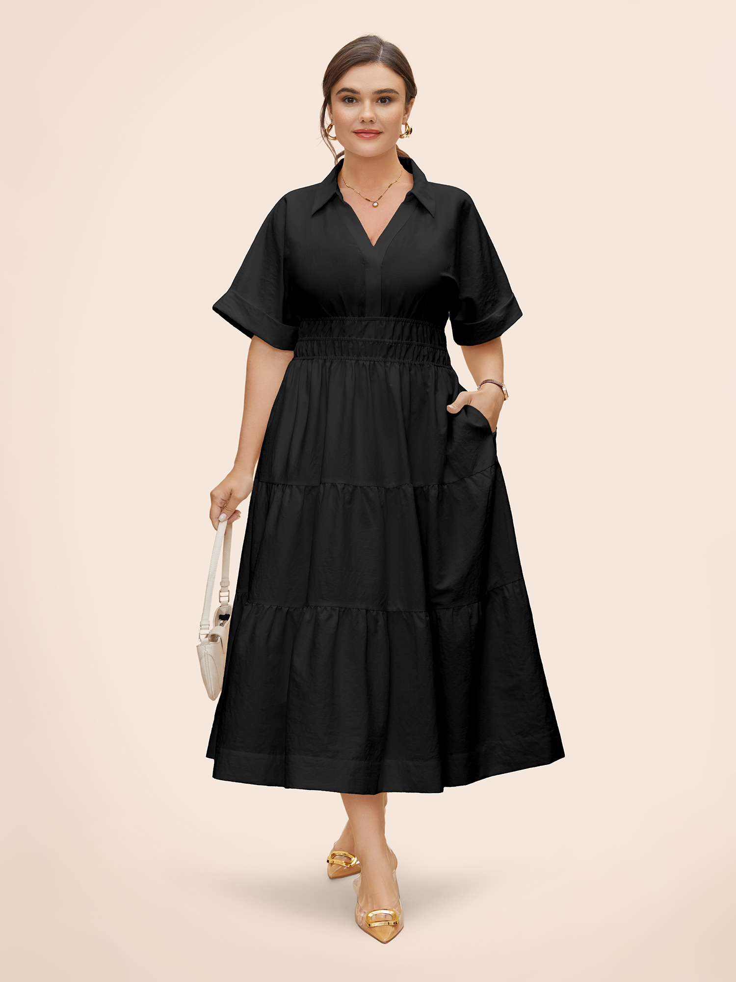 

Plus Size Midfield Tiered Midi Shirt Dress Black Women At the Office Gathered Shirt collar Short sleeve Curvy BloomChic