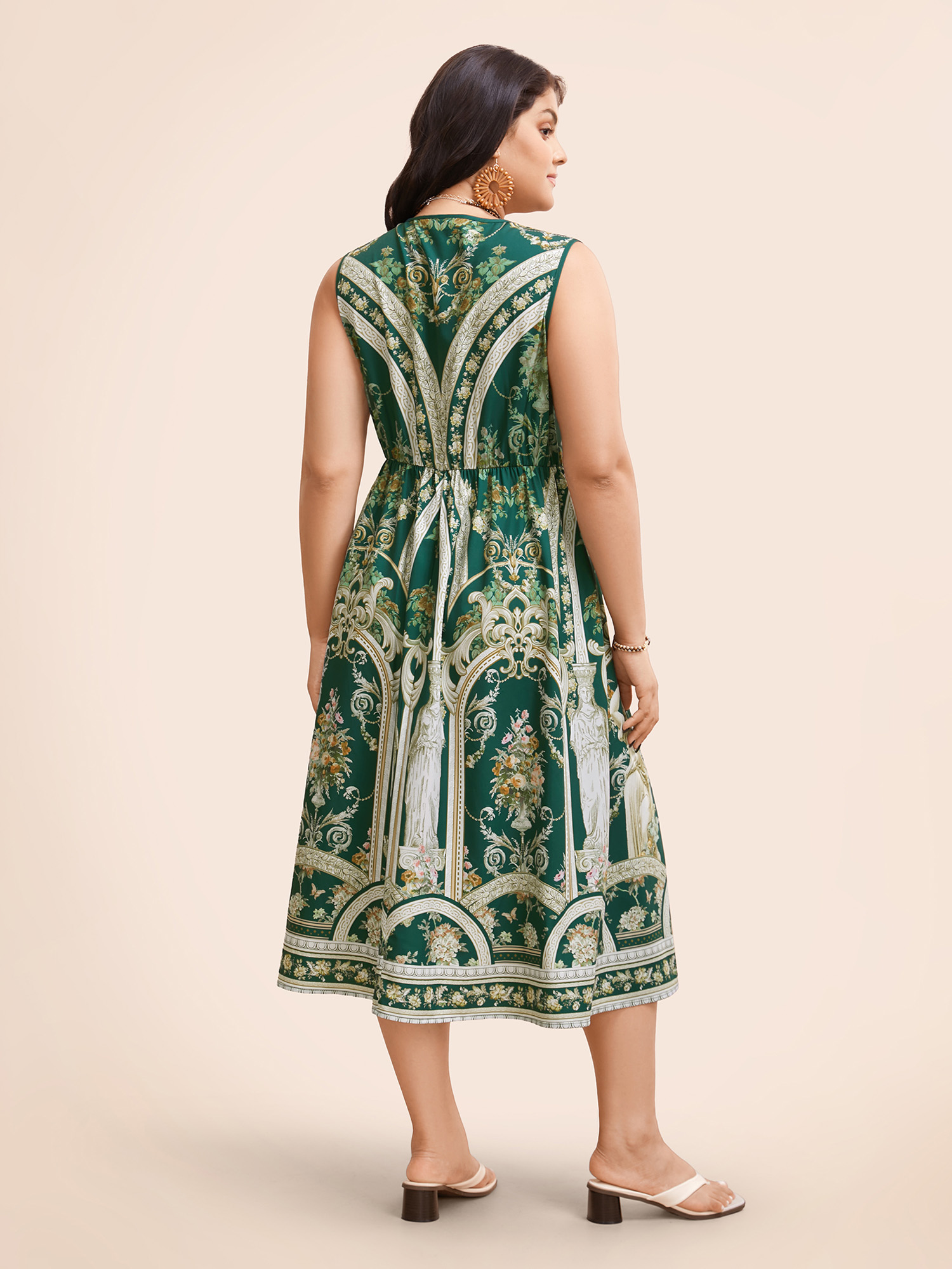 

Plus Size V Neck Boho Print Sleeveless Midi Dress DarkGreen Women Elegant Gathered V-neck Sleeveless Curvy BloomChic